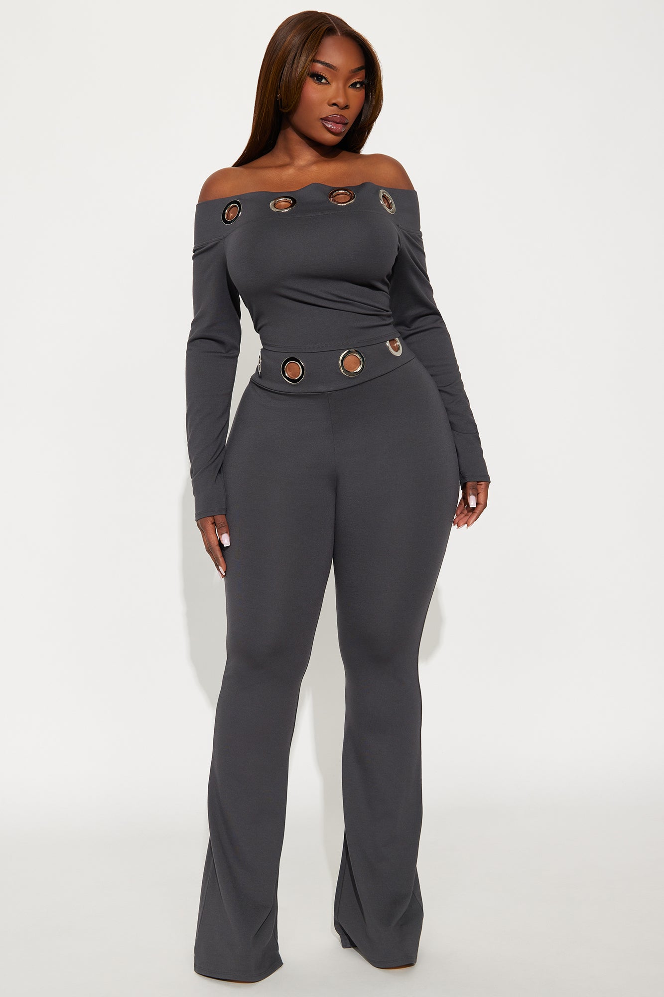 Aria Grommet Off Shoulder Pant Set - Charcoal