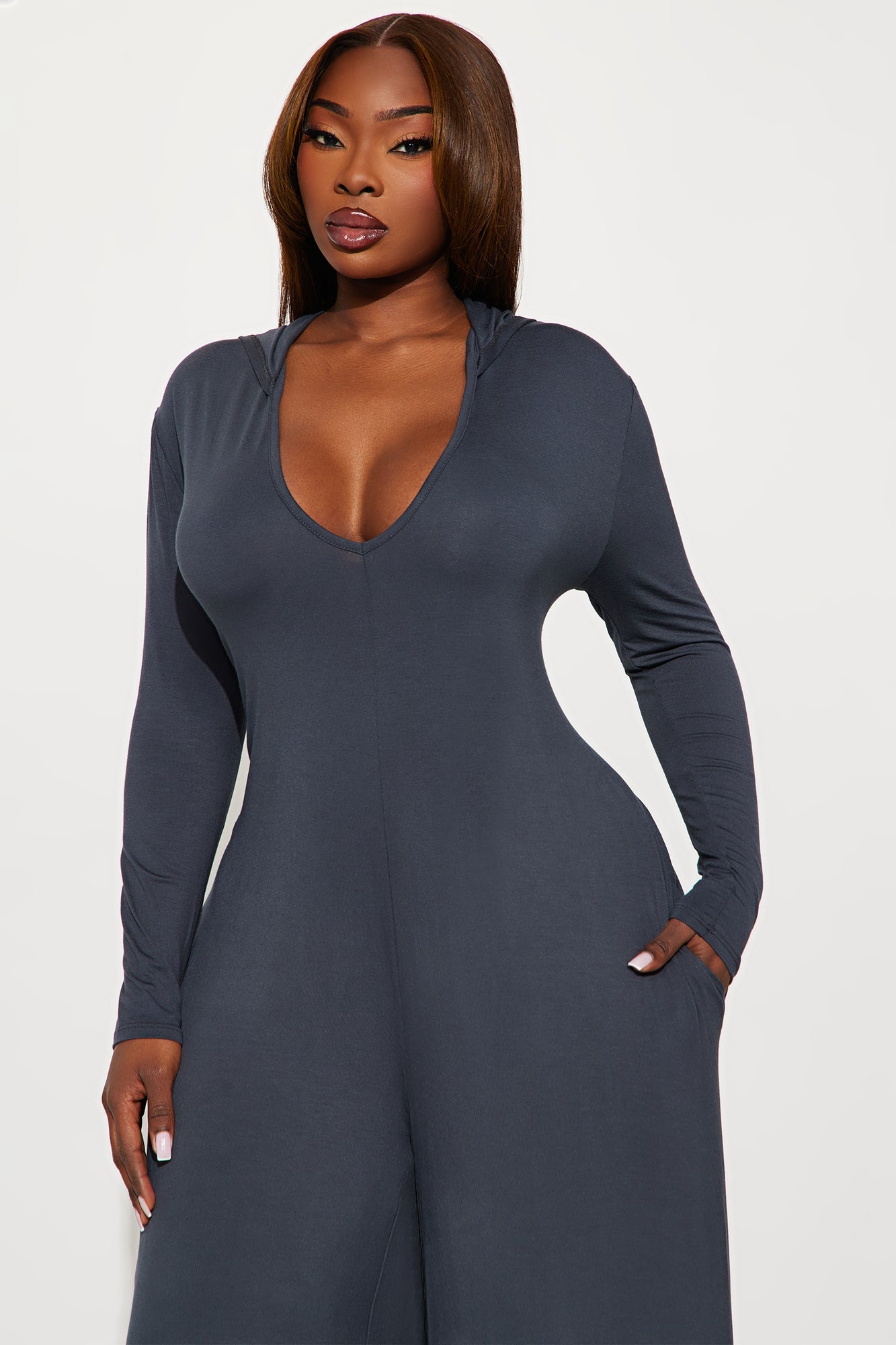 Haven Hooded Wide Leg Long Sleeve Jumpsuit - Charcoal