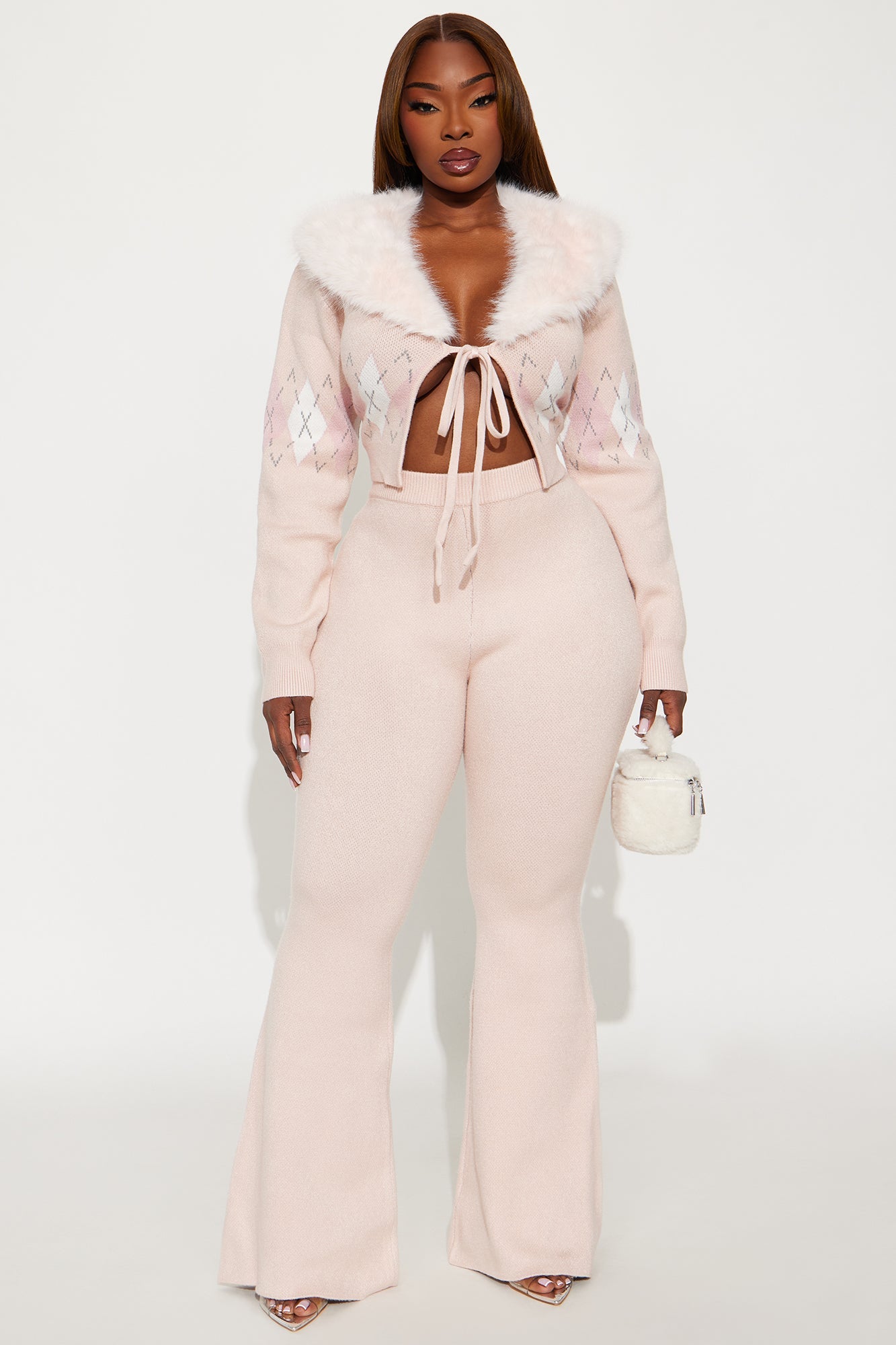 Feminine Touch Fur Collar Sweater Pant Set - Pink