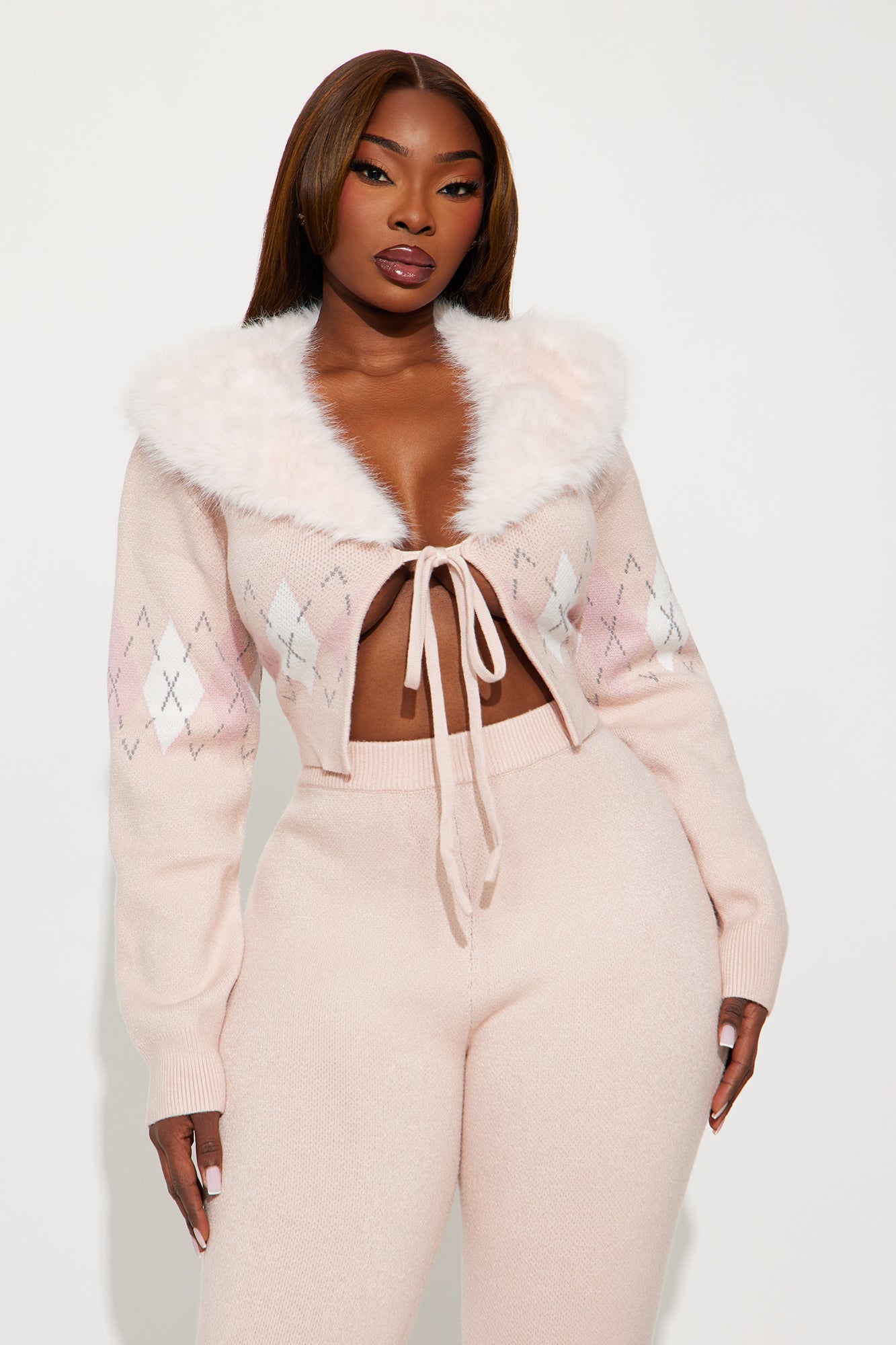 Feminine Touch Fur Collar Sweater Pant Set - Pink
