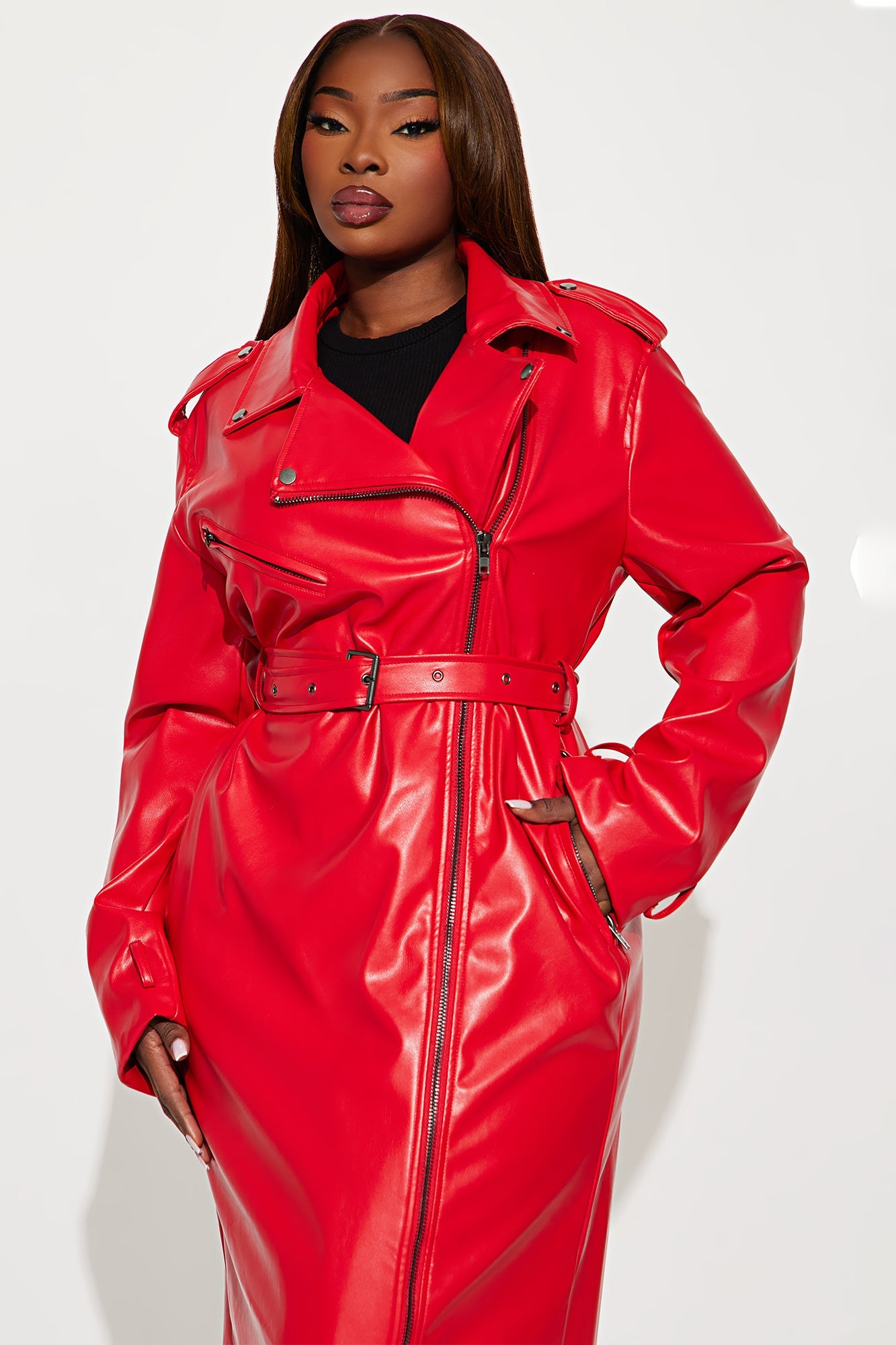 Late Night Drives Faux Leather Coat - Red