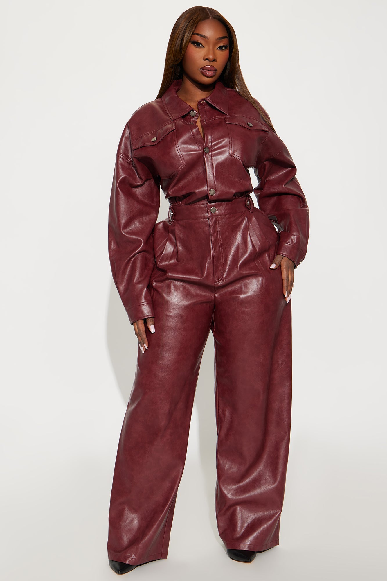 City Stroll Faux Leather Jumpsuit - Wine