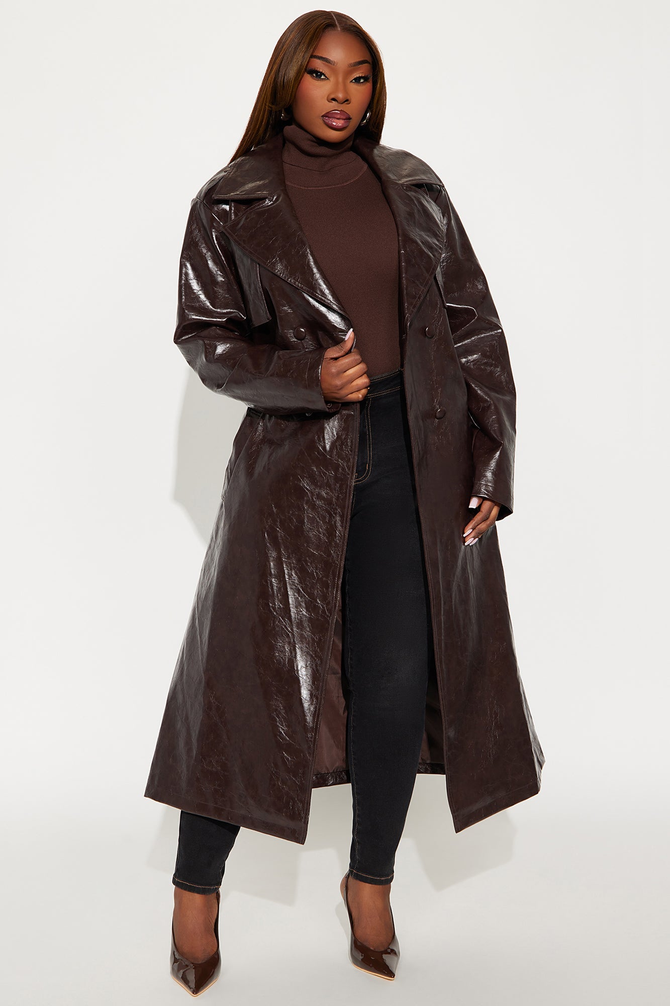 Mya Faux Leather Trench Coat - Chocolate