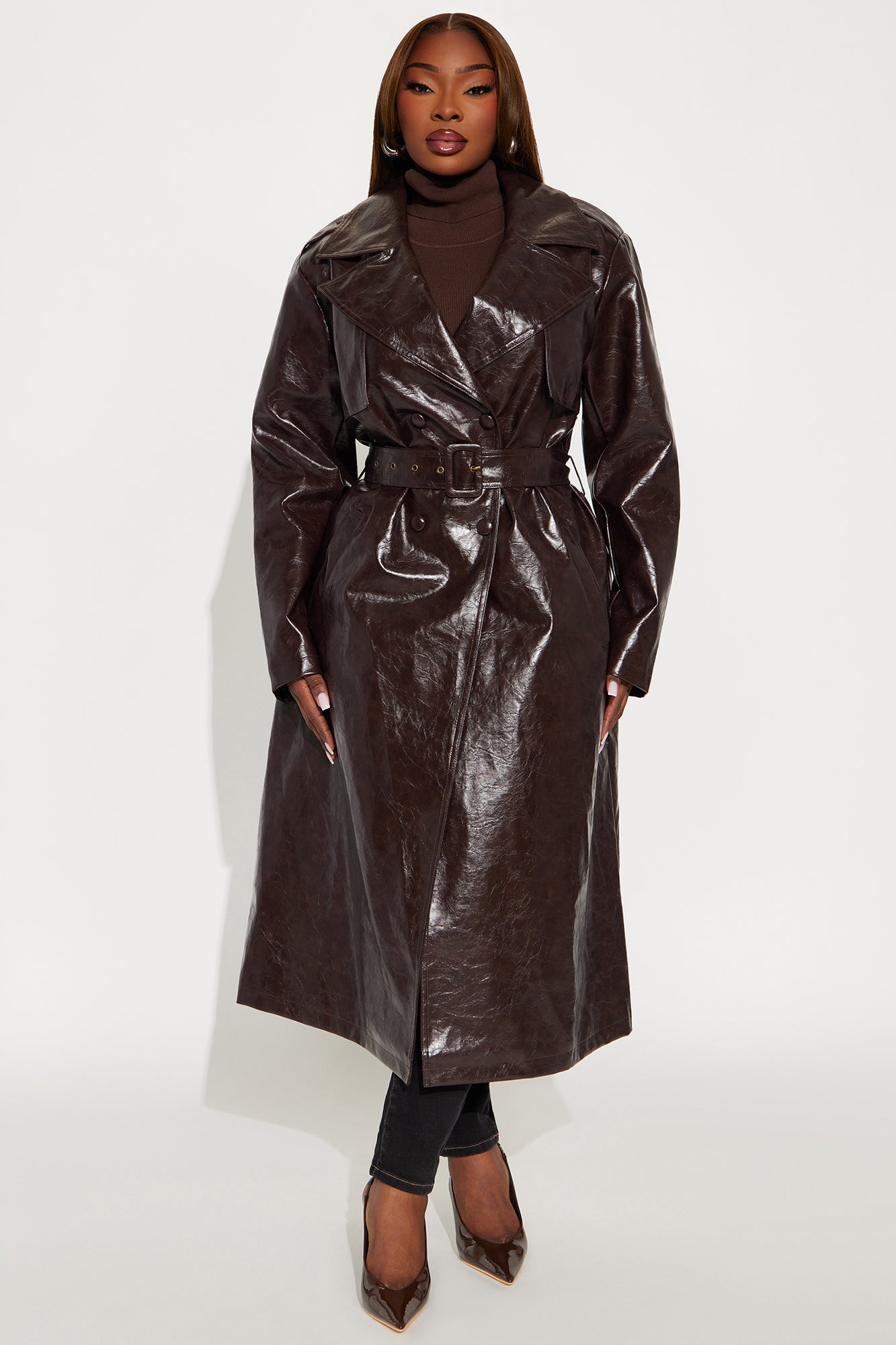 Mya Faux Leather Trench Coat - Chocolate