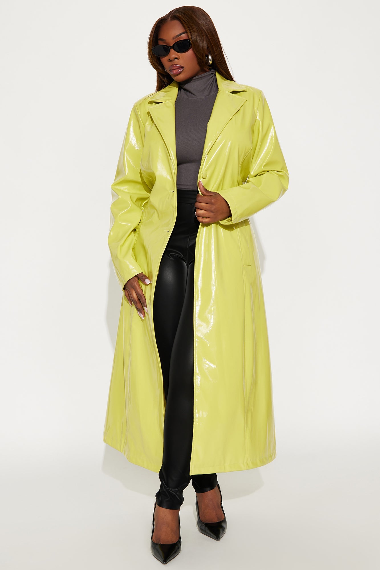 Hold My Own Faux Patent Leather Coat - Chartreuse