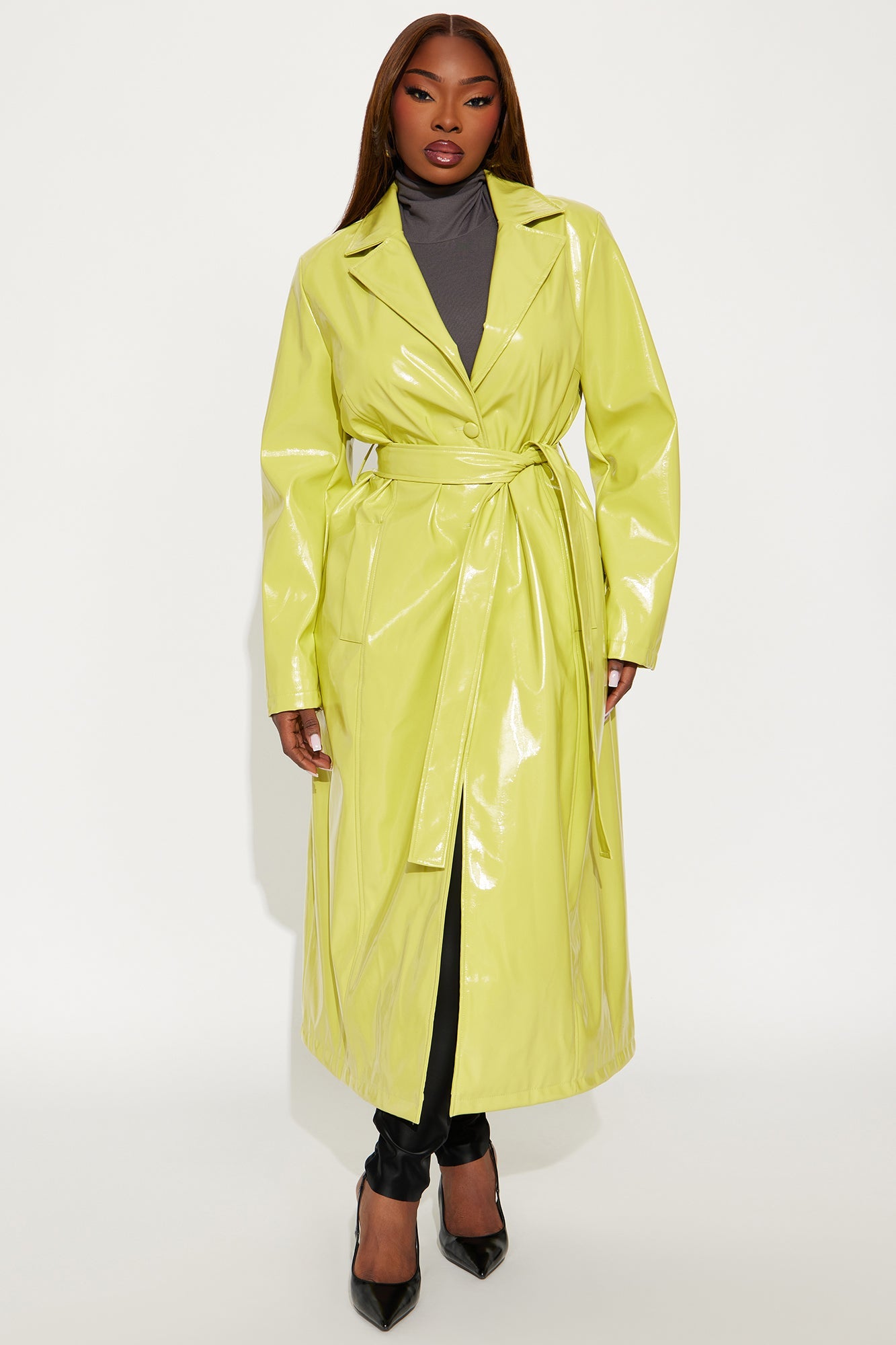 Hold My Own Faux Patent Leather Coat - Chartreuse