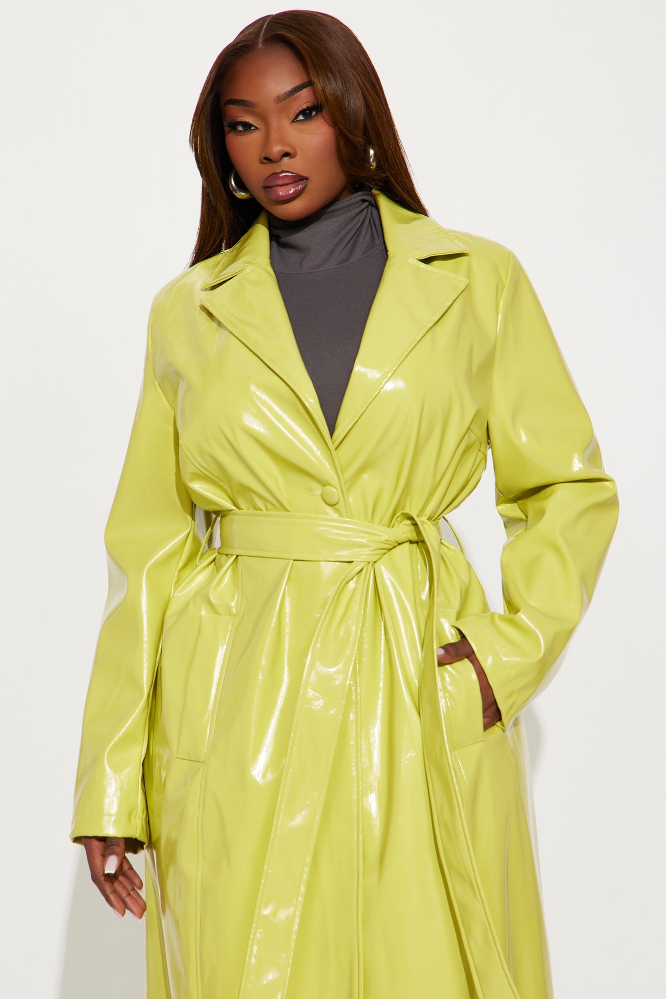 Hold My Own Faux Patent Leather Coat - Chartreuse