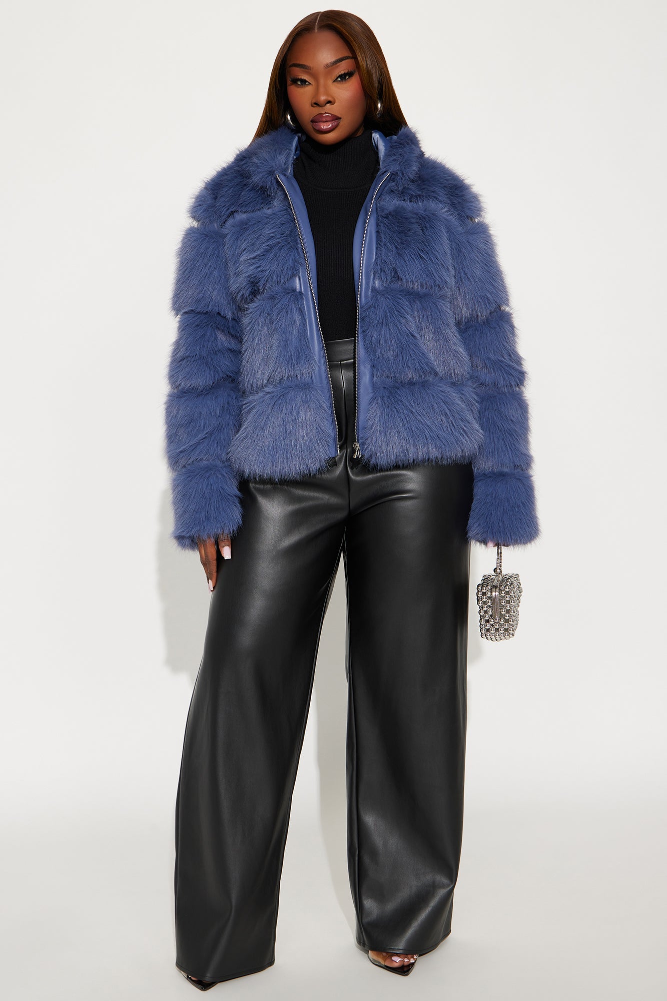 London Girl Faux Fur Coat - Slate Blue