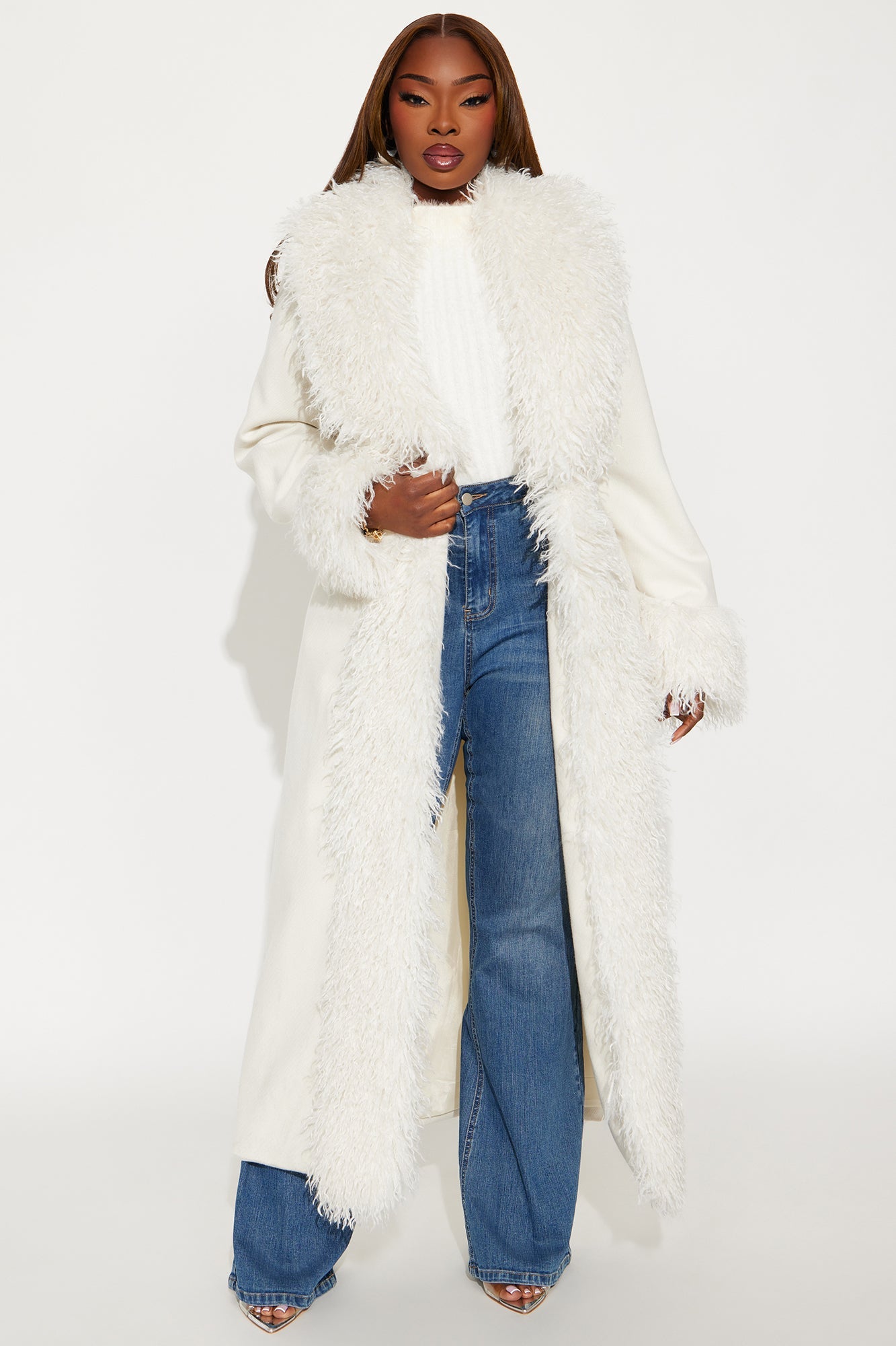 Downtown Manhattan Fur Trim Coat - Ivory