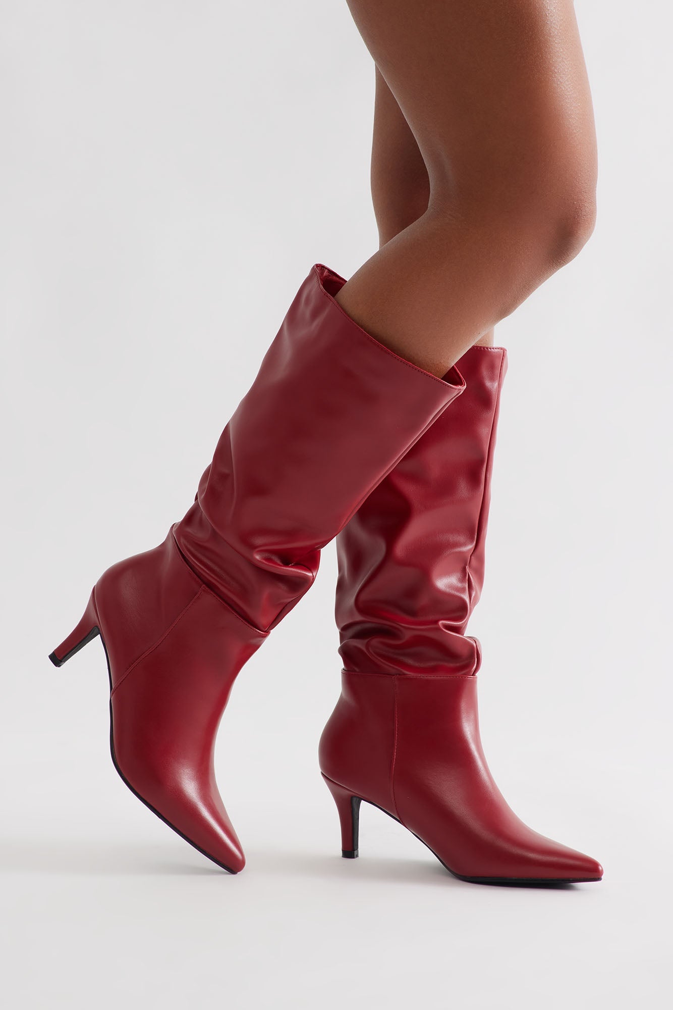 Alpine Ruched Faux Leather Boots - Red