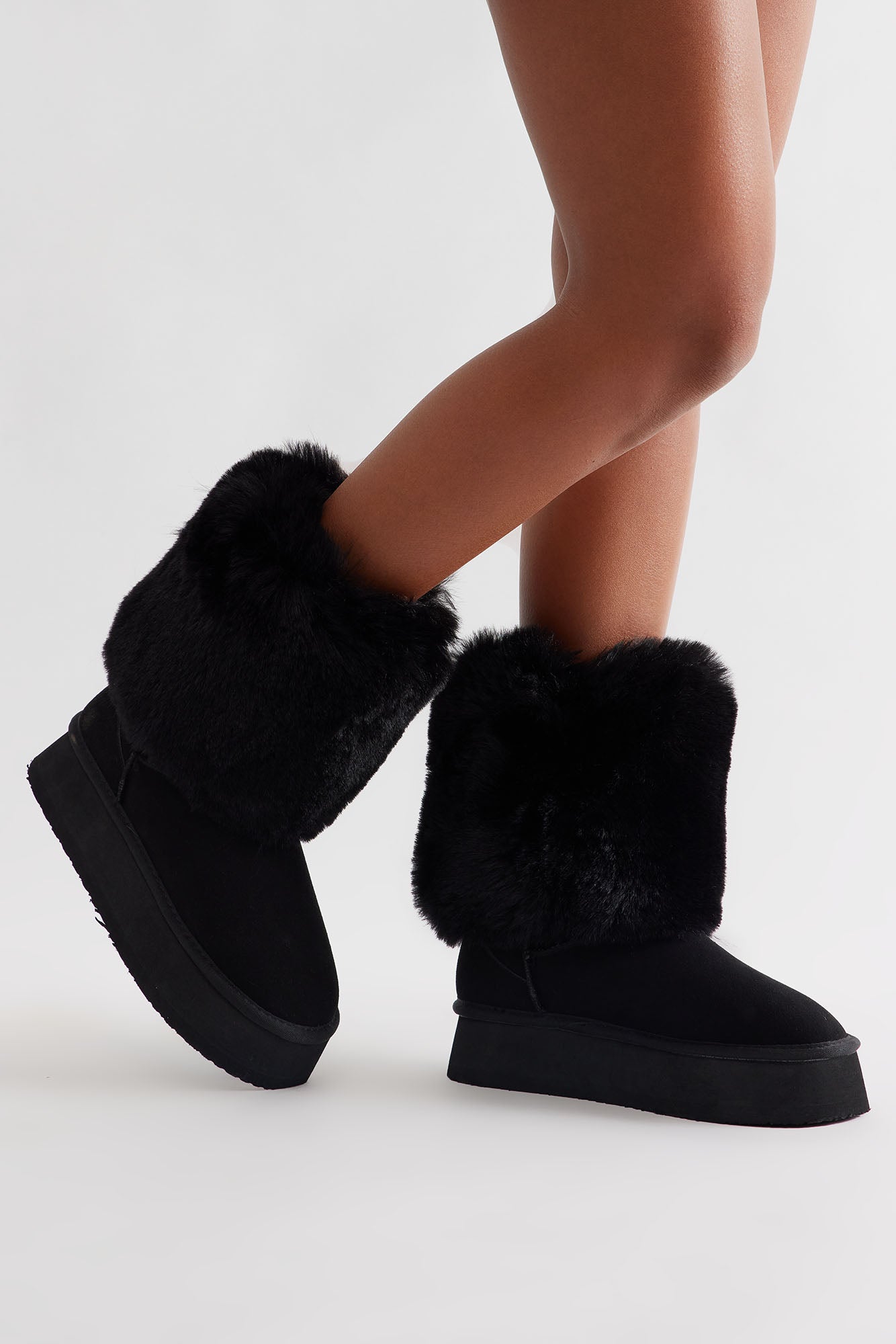 December Faux Fur Platform Booties - Black