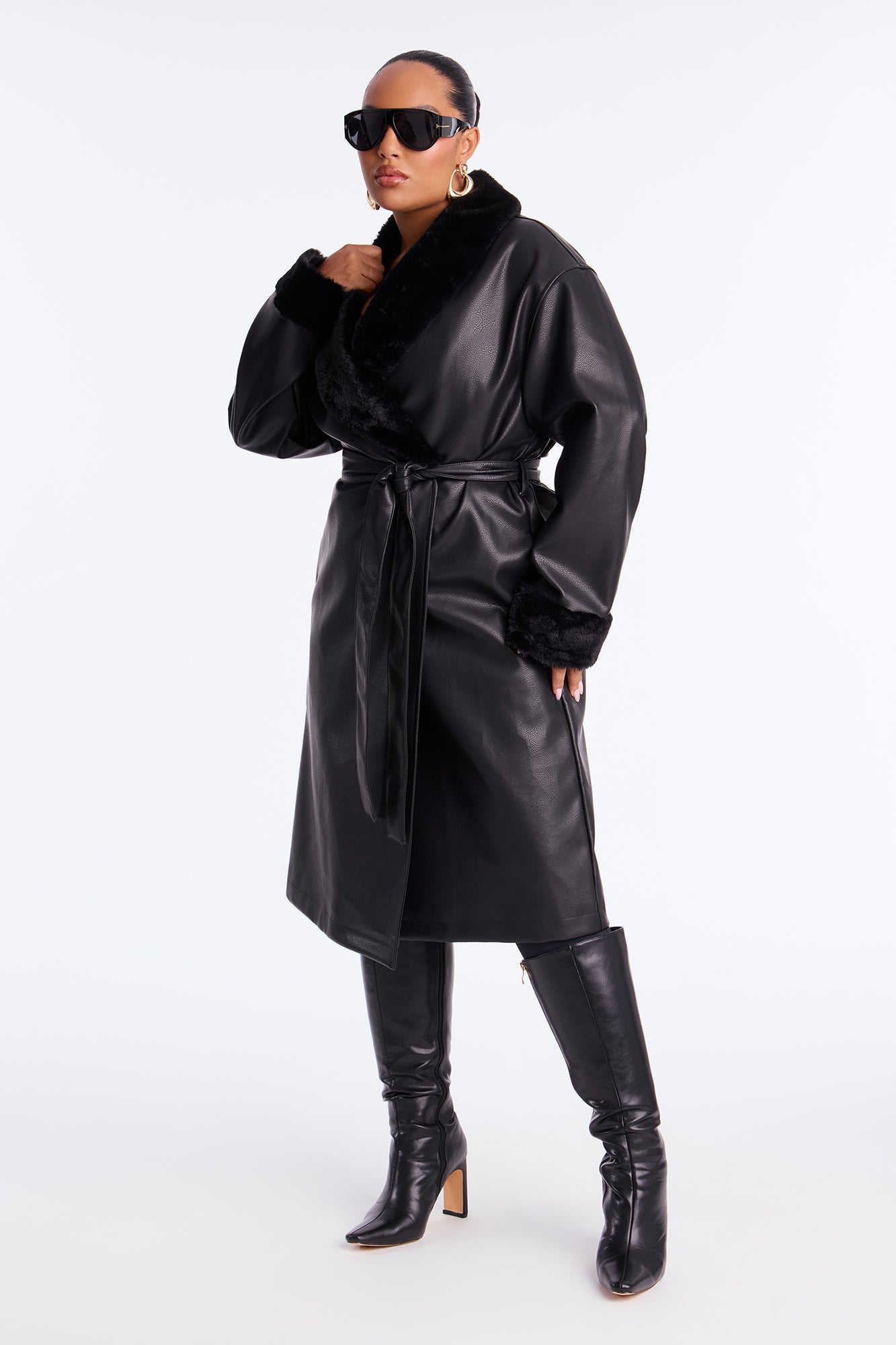 Tara Faux Leather Trench Coat - Black
