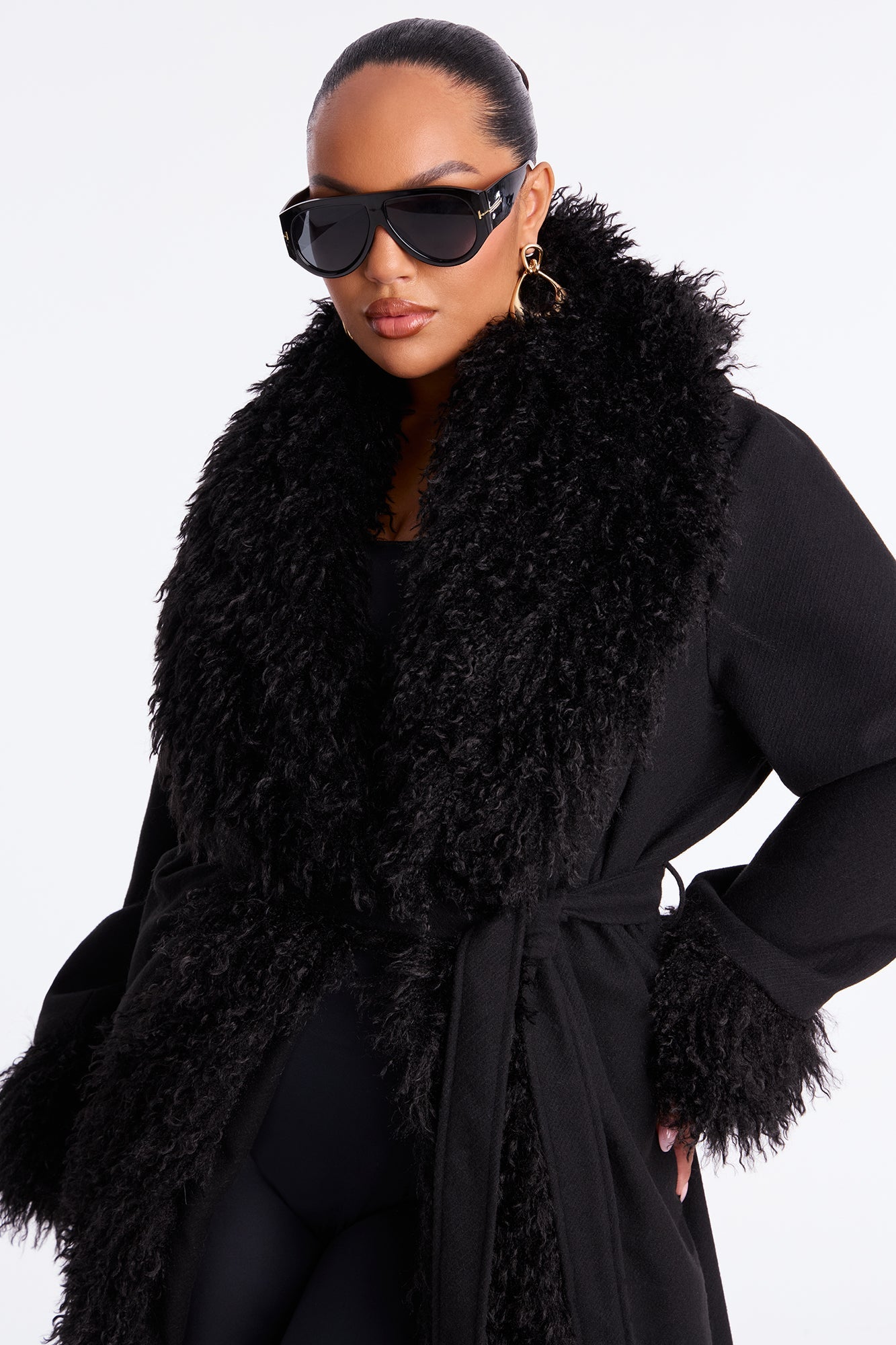 Downtown Manhattan Fur Trim Coat - Black