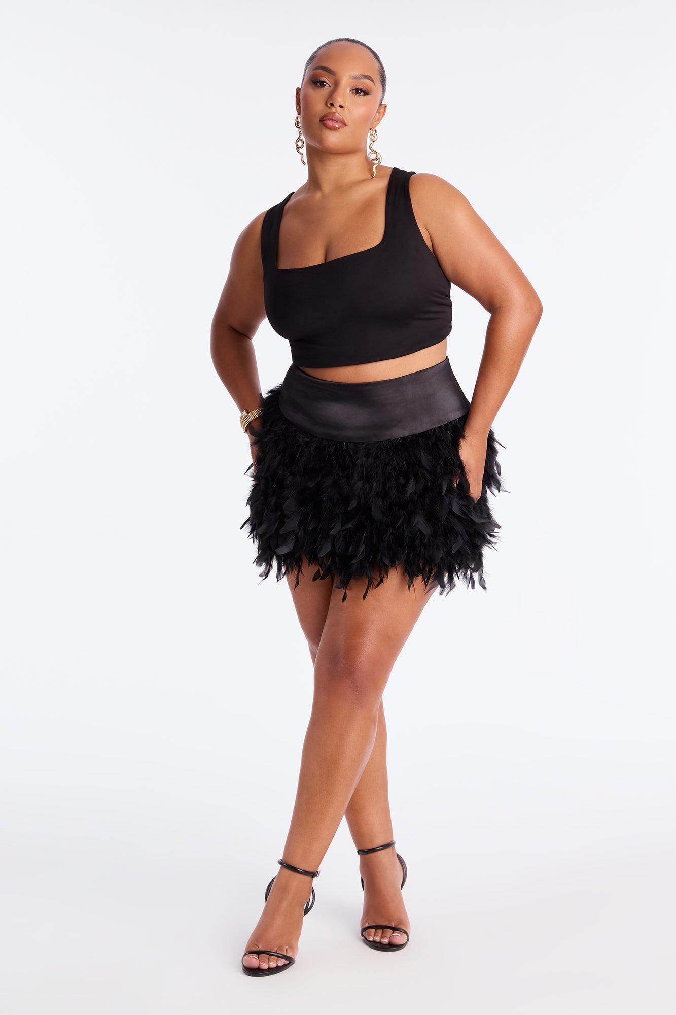 Came To Party Feathered Satin Mini Skirt - Black