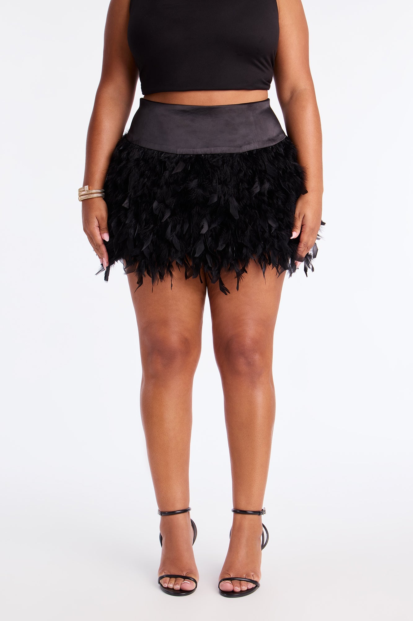 Came To Party Feathered Satin Mini Skirt - Black