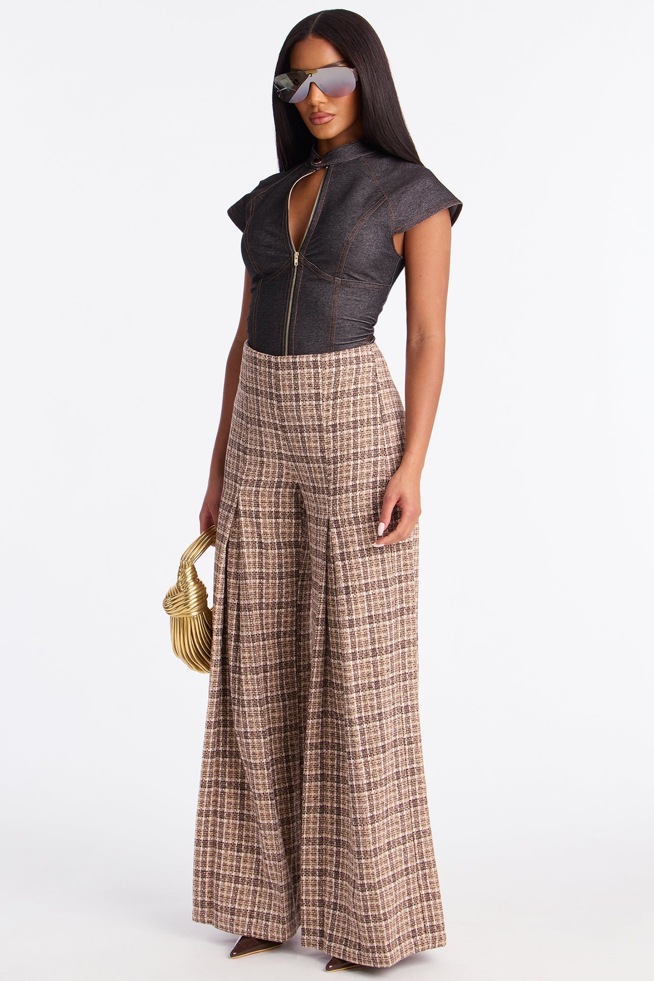 Nayeli High RiseWide Leg Plaid Pant 33 - Brown/combo