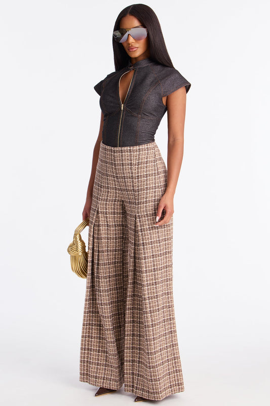 Nayeli High RiseWide Leg Plaid Pant 33 - Brown/combo