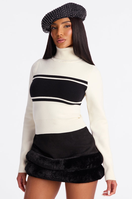 Hot Gossip Turtle Neck Striped Sweater - White/Black