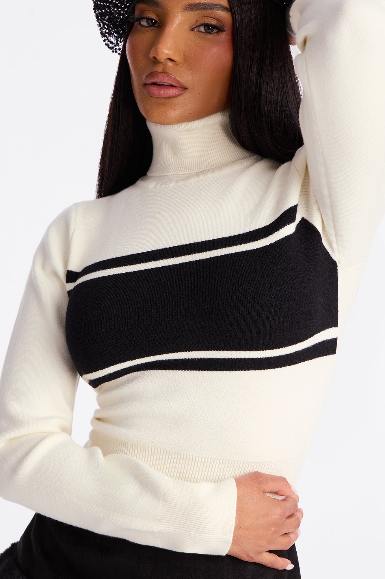 Hot Gossip Turtle Neck Striped Sweater - White/Black