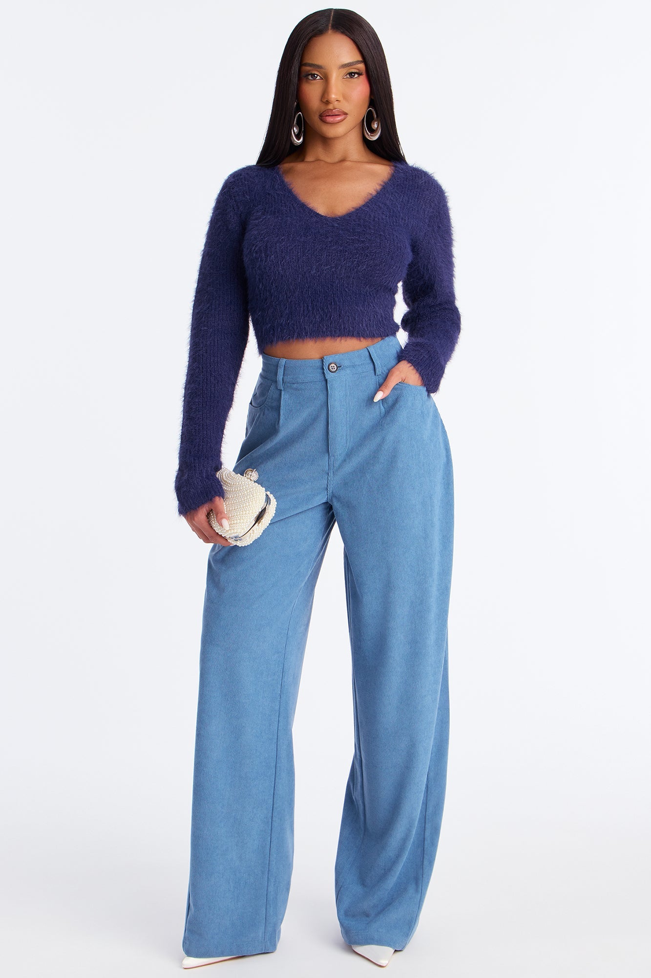 Sweet Lemonade Fuzzy Sweater Top - Navy