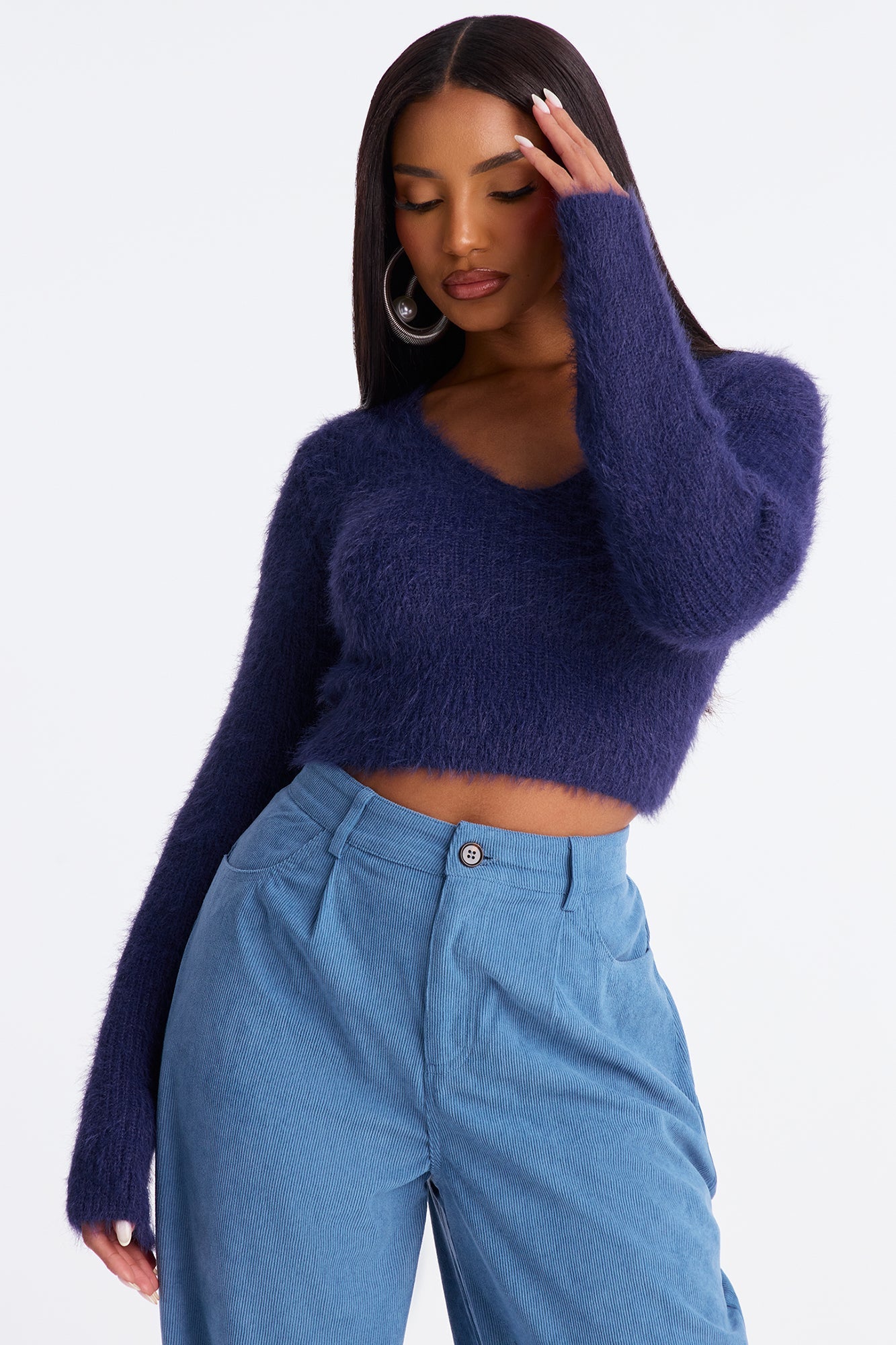 Sweet Lemonade Fuzzy Sweater Top - Navy
