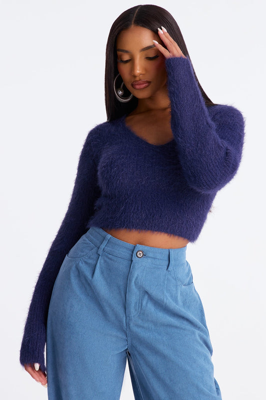 Sweet Lemonade Fuzzy Sweater Top - Navy