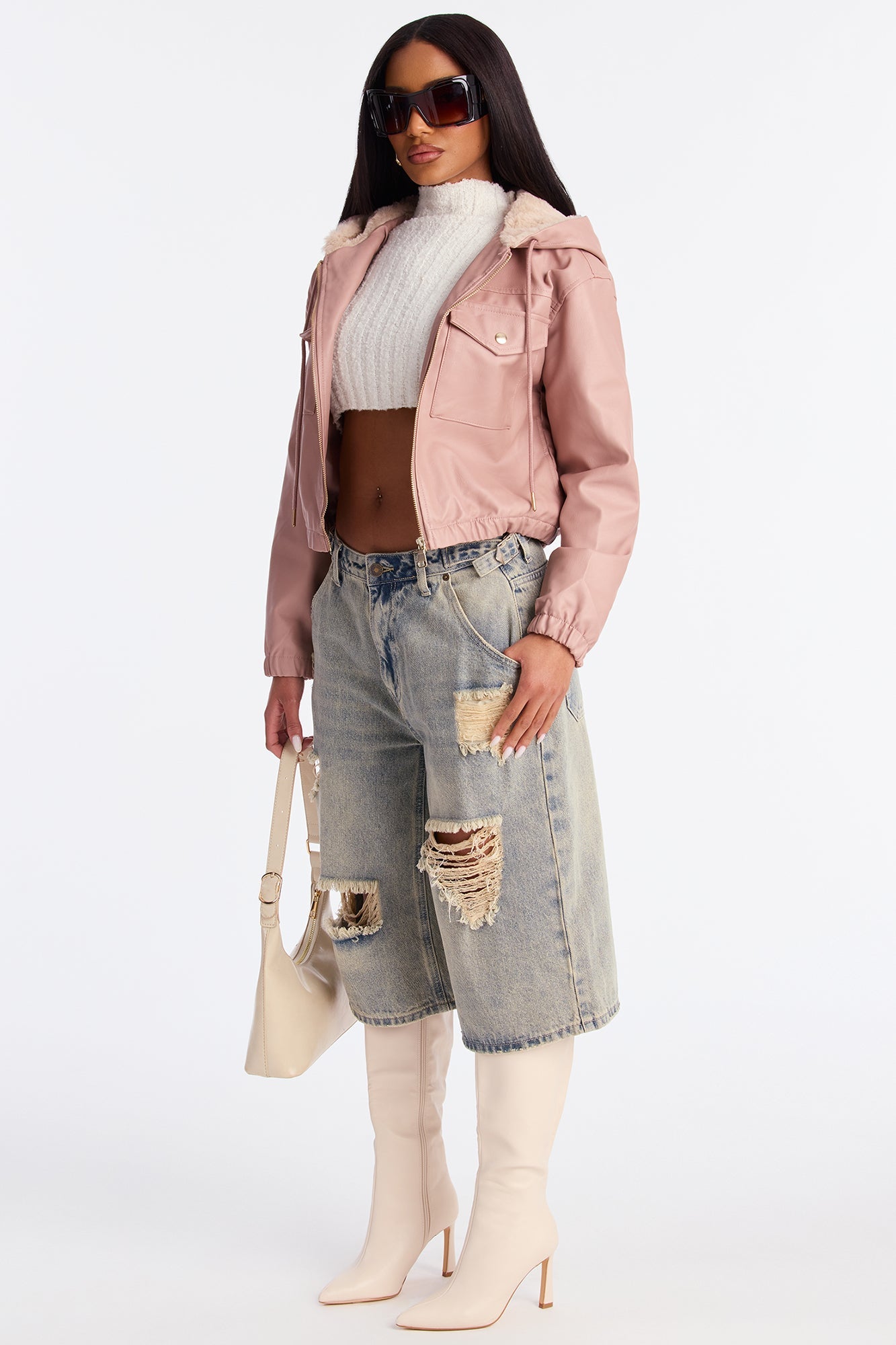 Sammie Fur Hood Faux Leather Jacket - Blush