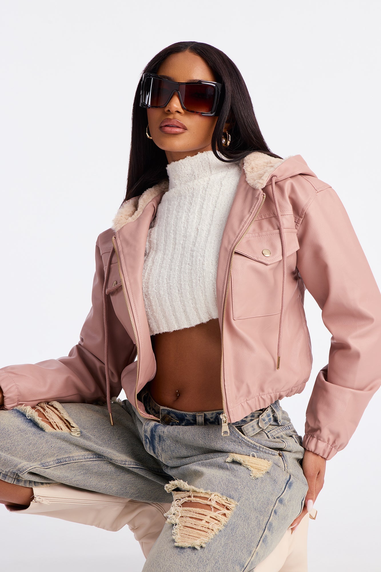 Sammie Fur Hood Faux Leather Jacket - Blush