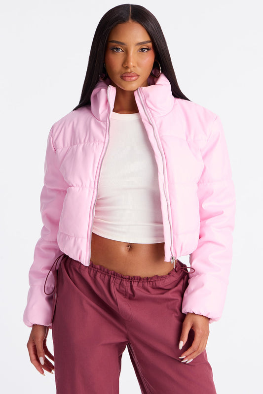 Vixen Faux Leather Puffer Jacket - Pink