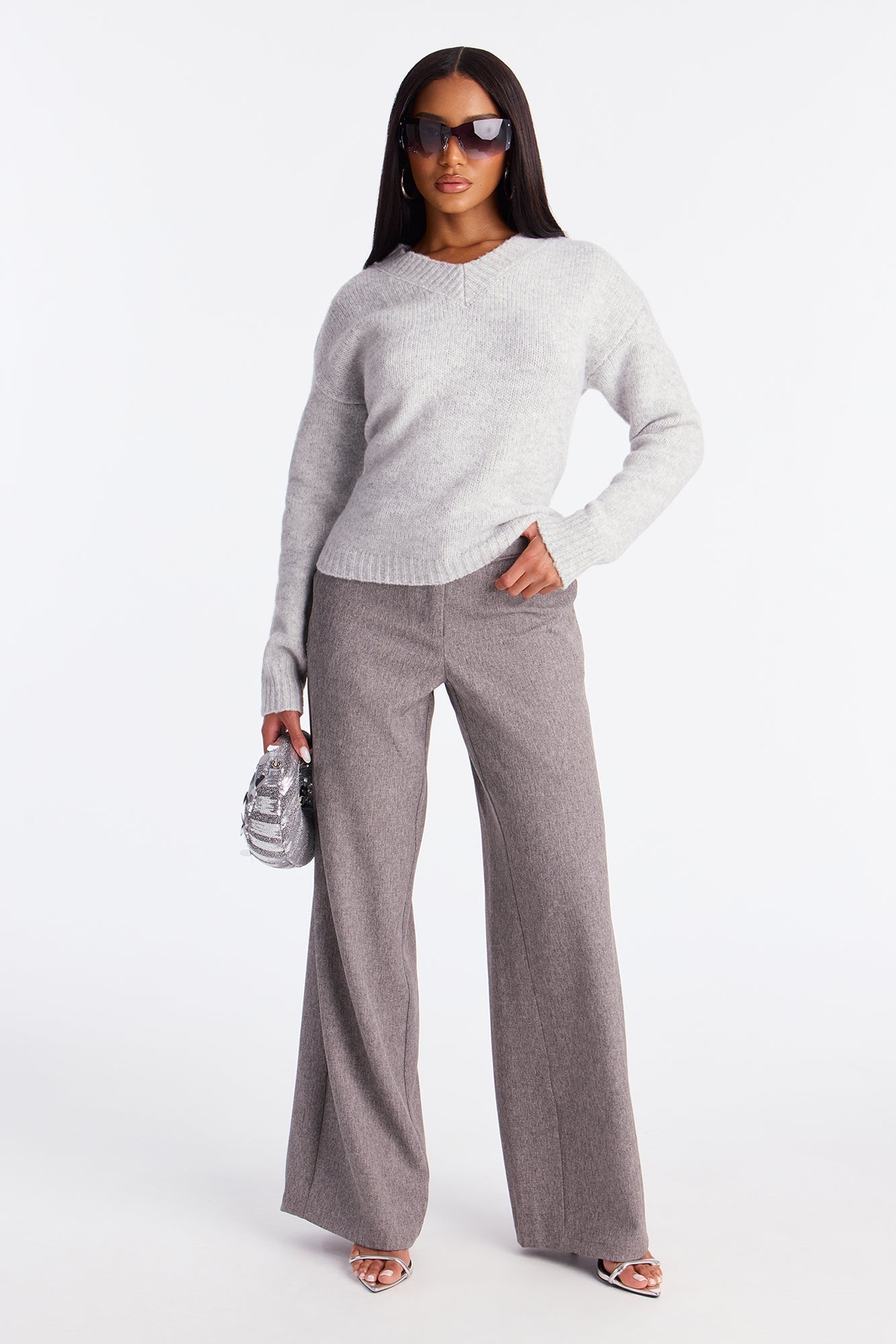 Ava Crepe Wide Leg Trousers 33 - Light Grey