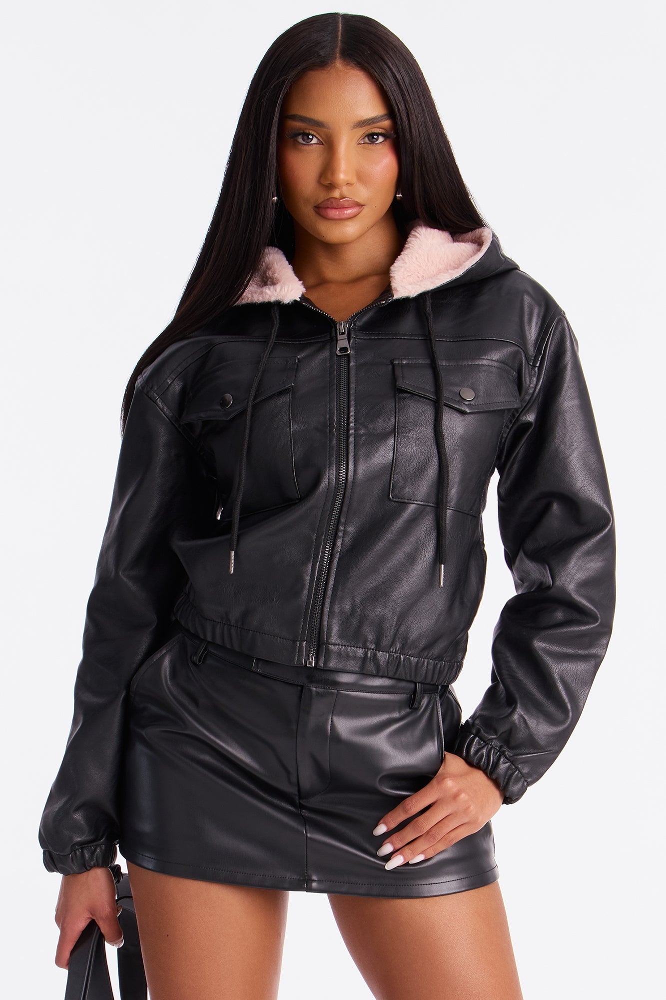 Sammie Fur Hood Faux Leather Jacket - Black