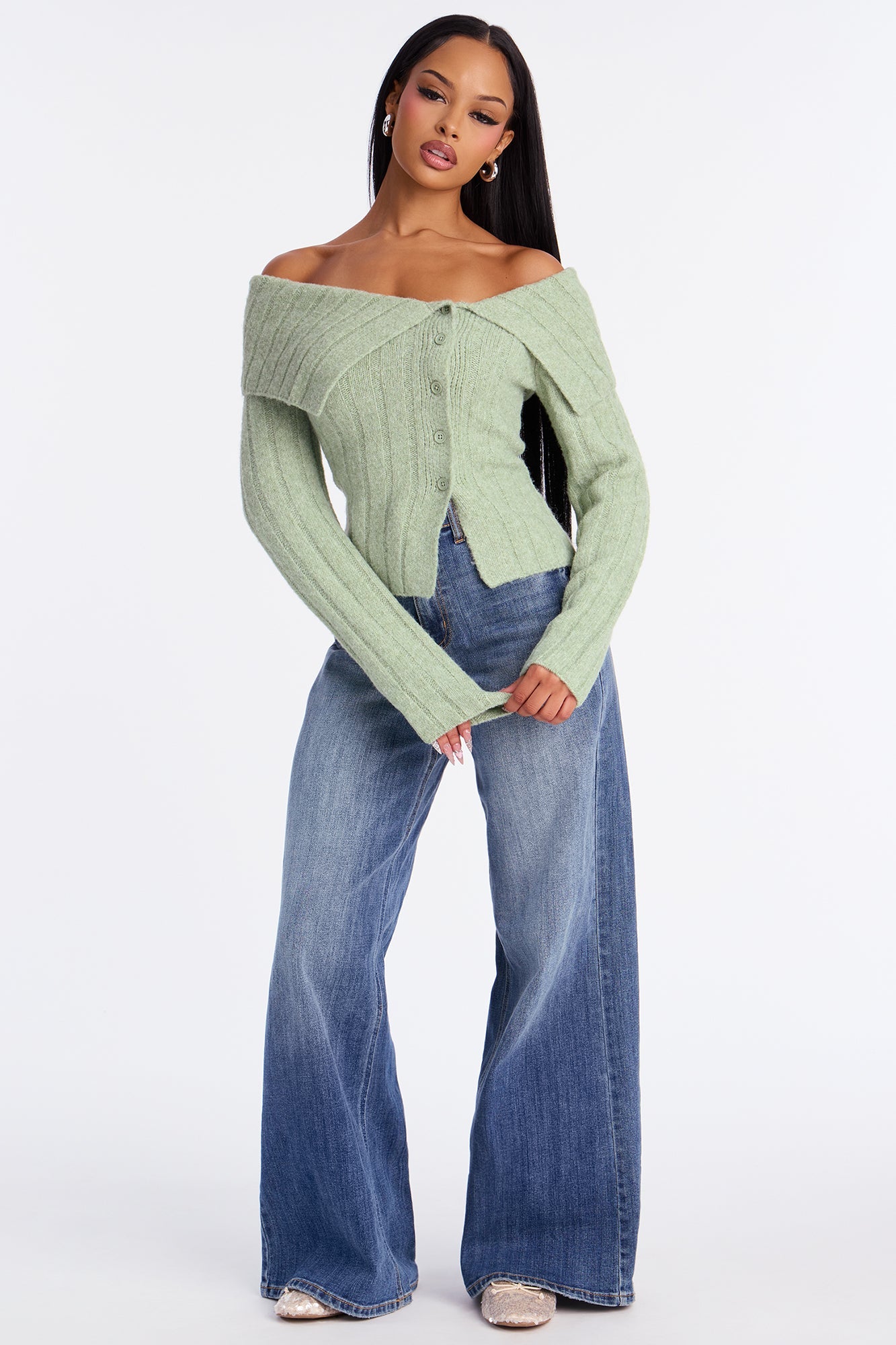 Sassy Soul Off Shoulder Sweater Top - Sage
