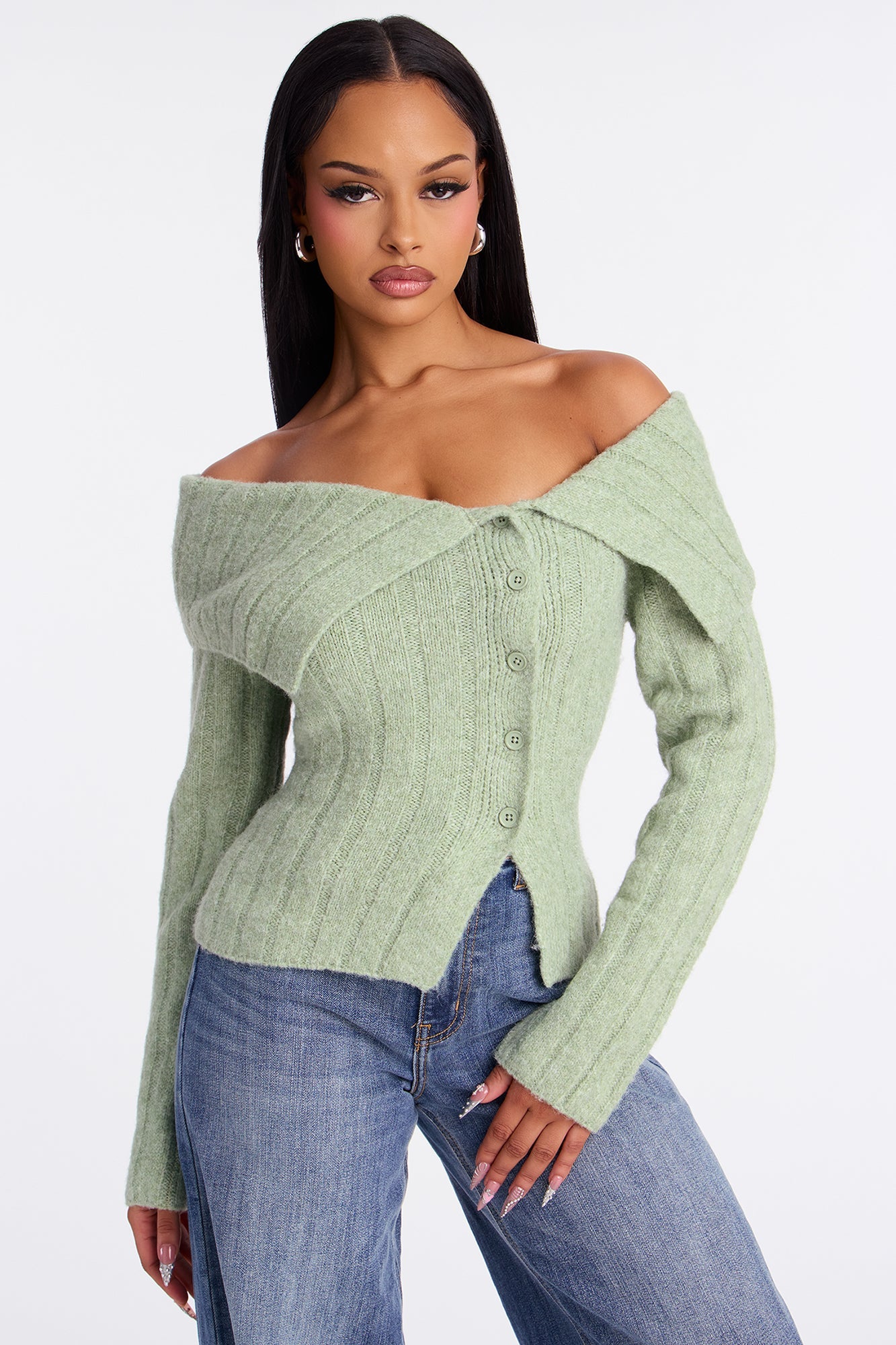 Sassy Soul Off Shoulder Sweater Top - Sage