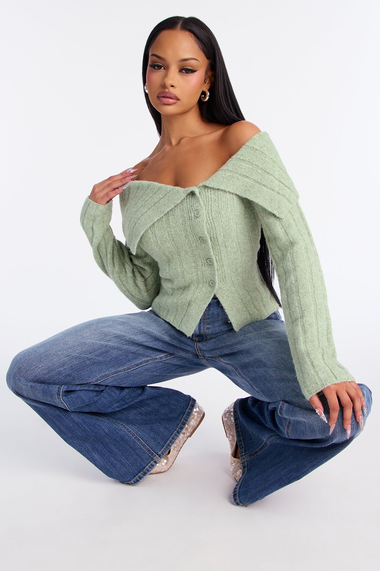 Sassy Soul Off Shoulder Sweater Top - Sage