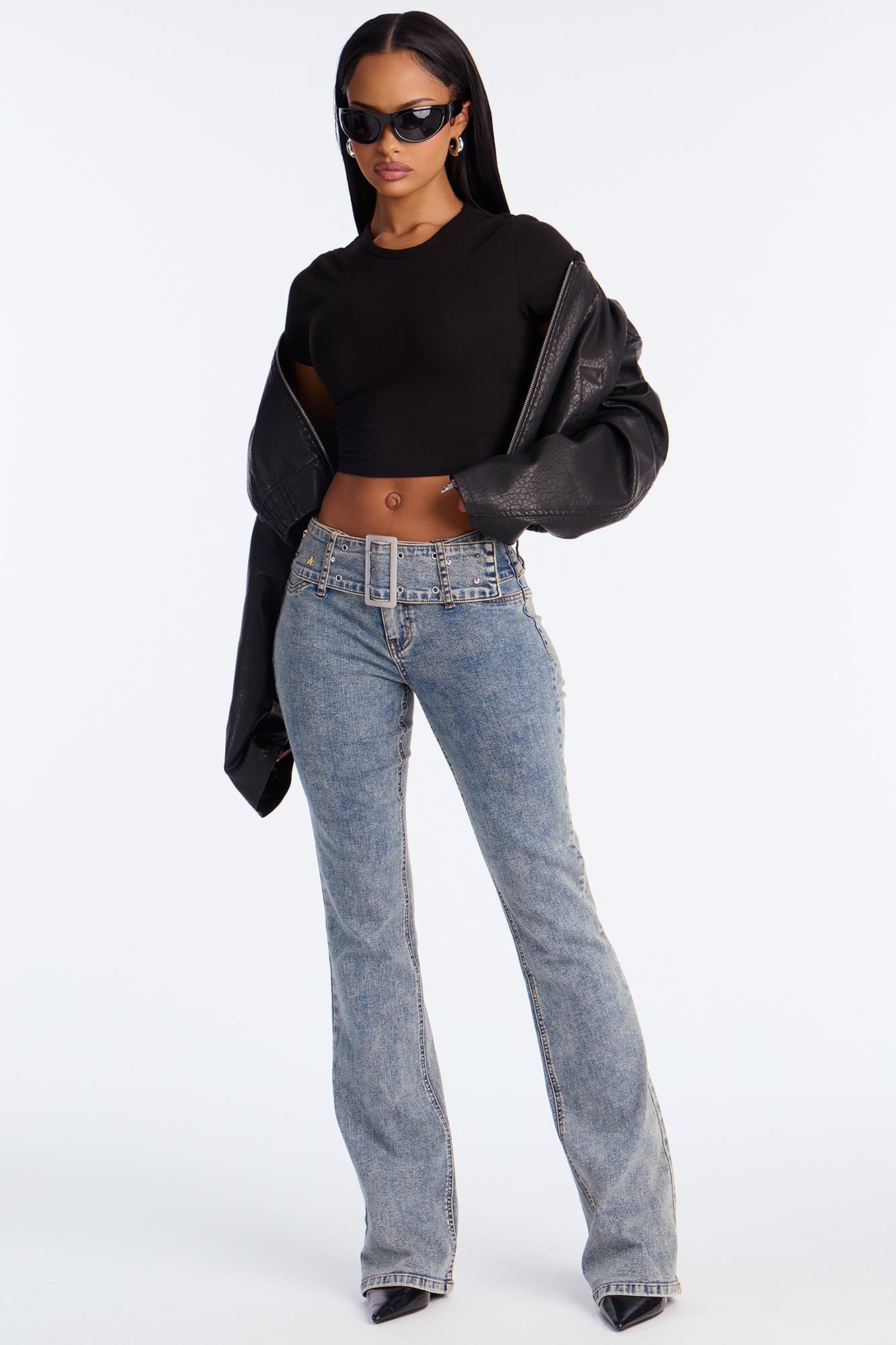 Star Studded Belted Low Rise Bootcut Jeans - Acid Wash Blue