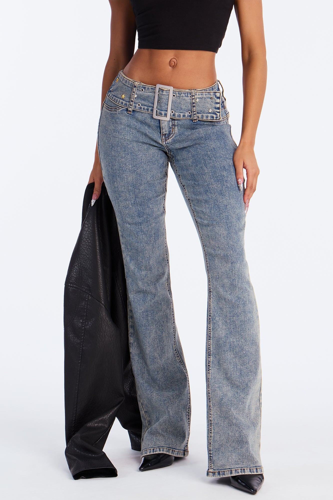 Star Studded Belted Low Rise Bootcut Jeans - Acid Wash Blue