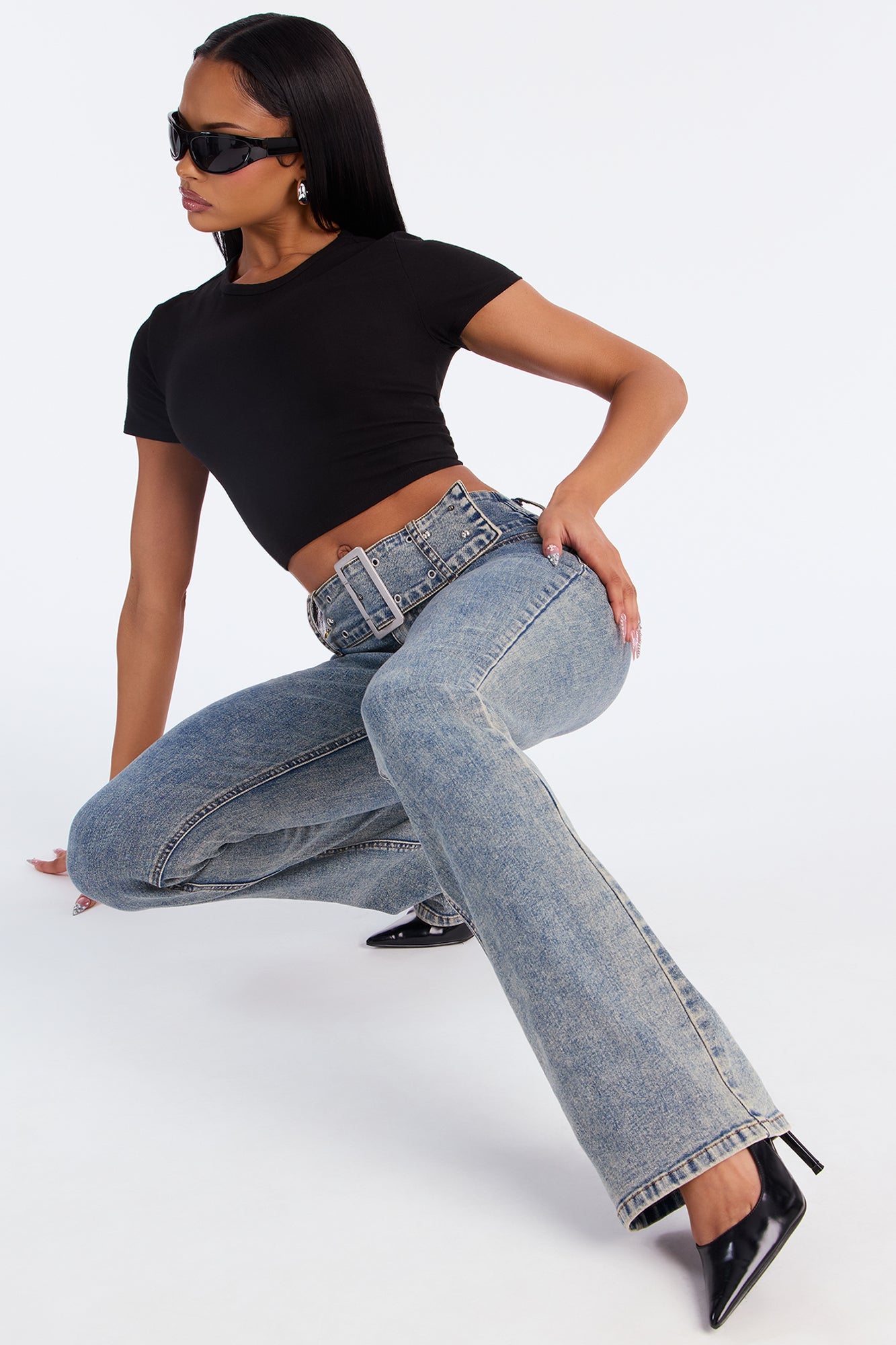 Star Studded Belted Low Rise Bootcut Jeans - Acid Wash Blue
