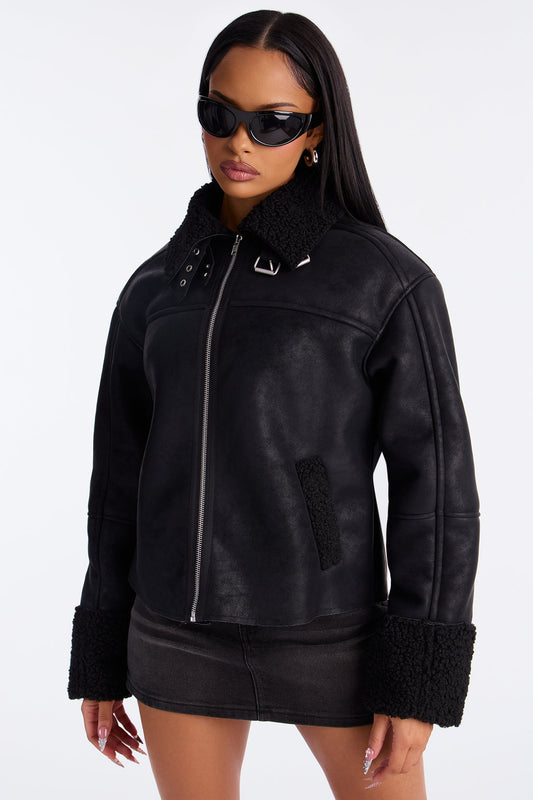 Cabin Getaway Faux Leather Moto Jacket - Black