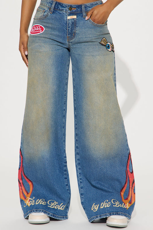Von Dutch Bold Flame Wide Leg Jeans - Vintage Wash