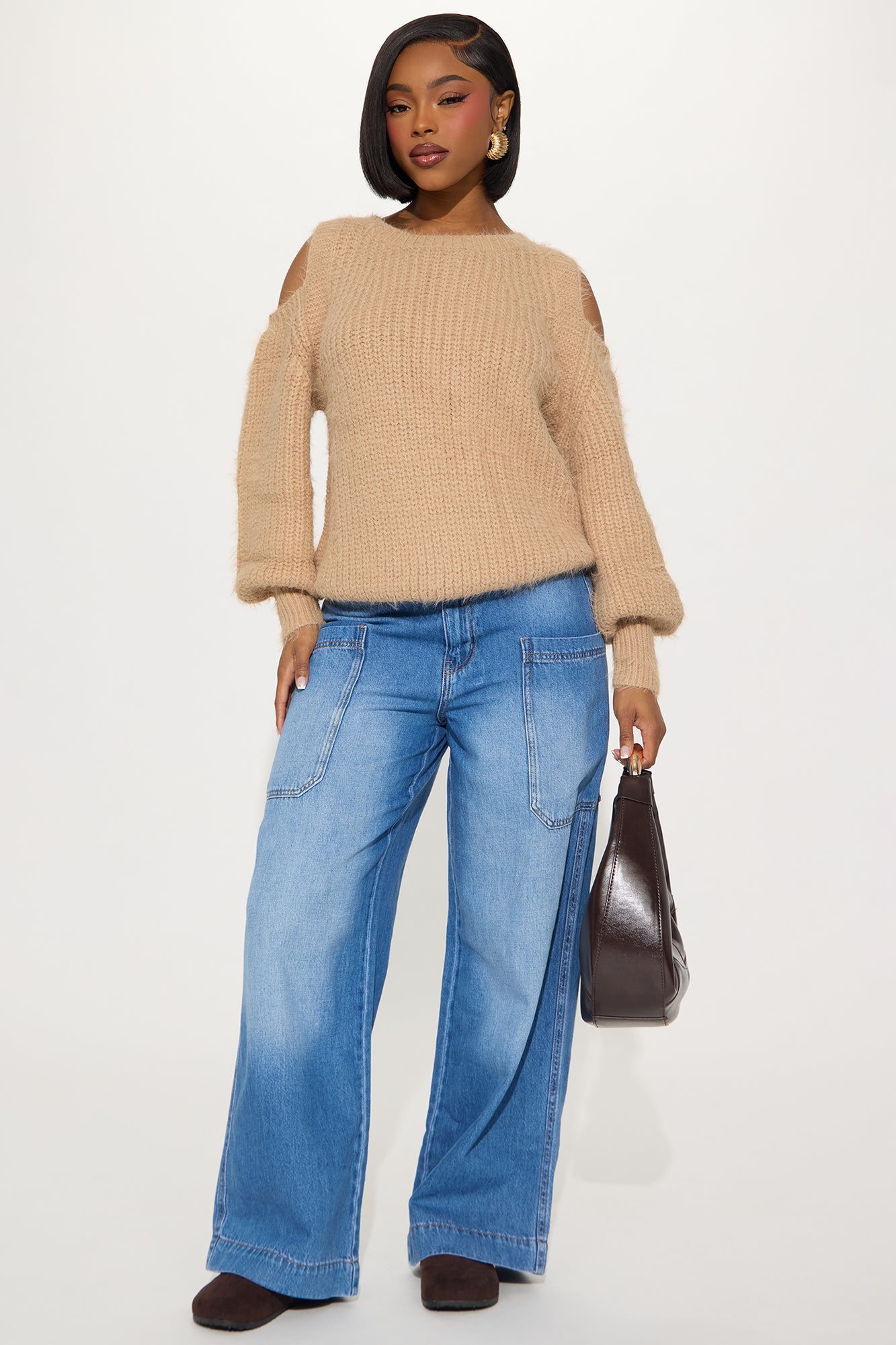 Sweet Face Fuzzy Cold Shoulder Sweater Top - Taupe