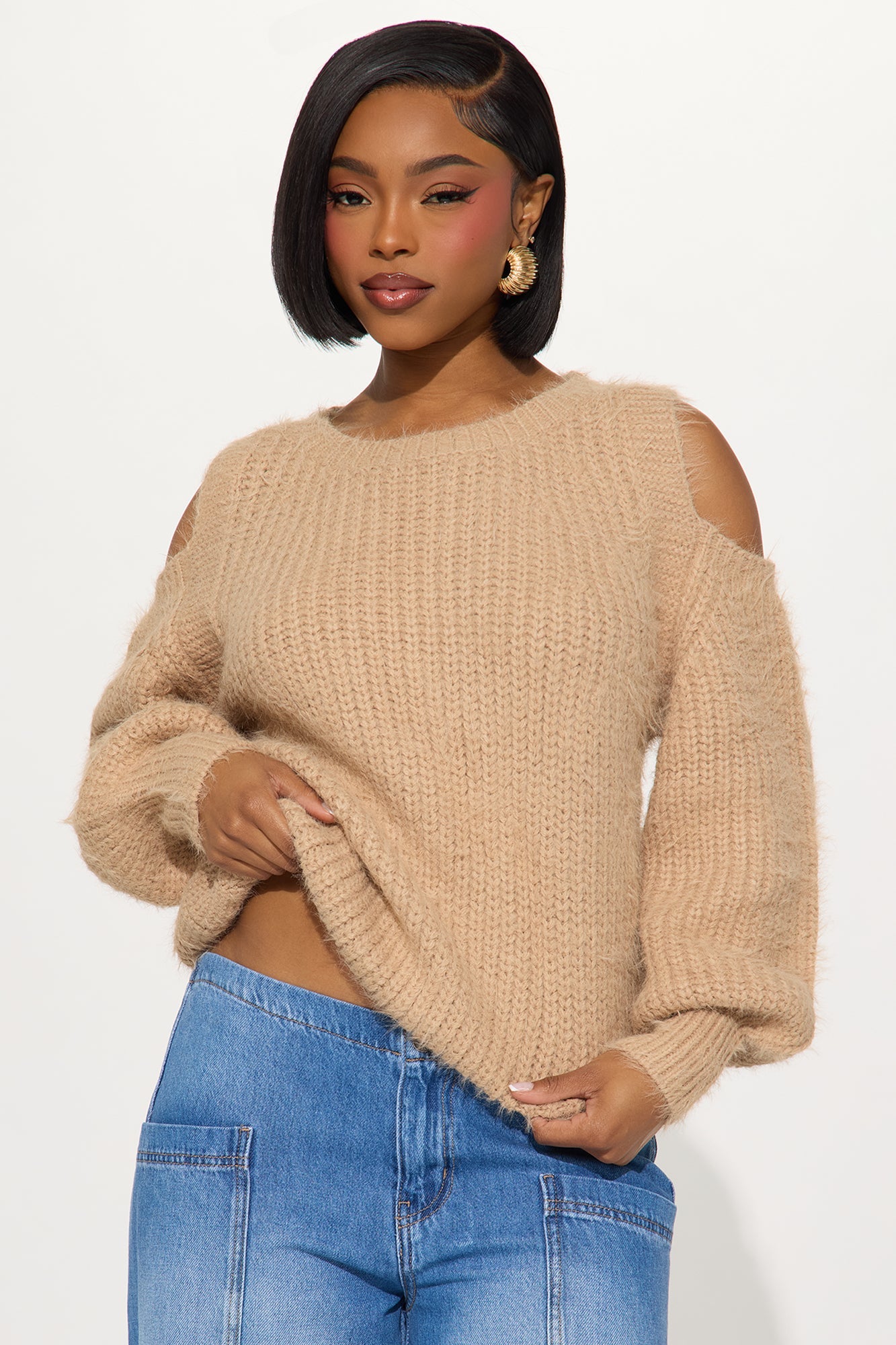 Sweet Face Fuzzy Cold Shoulder Sweater Top - Taupe