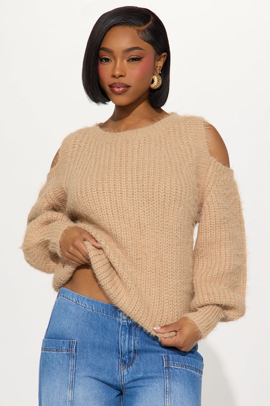 Sweet Face Fuzzy Cold Shoulder Sweater Top - Taupe