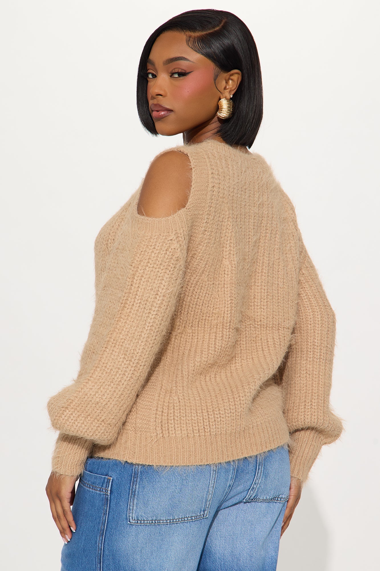 Sweet Face Fuzzy Cold Shoulder Sweater Top - Taupe