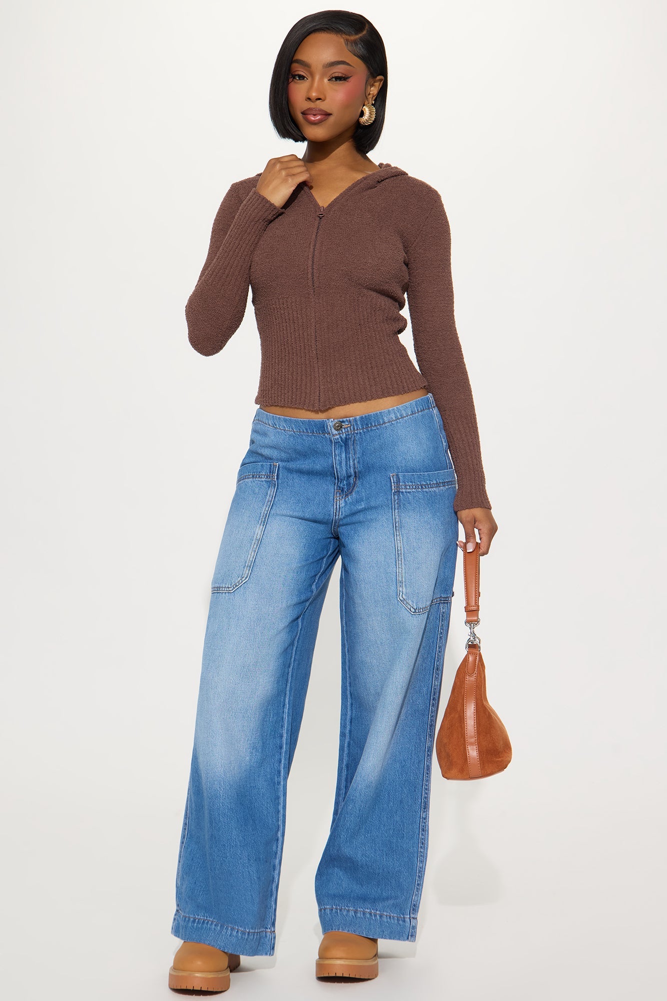 Pillow Talk Zip Front Ribbed Cardigan Sweater - Brown