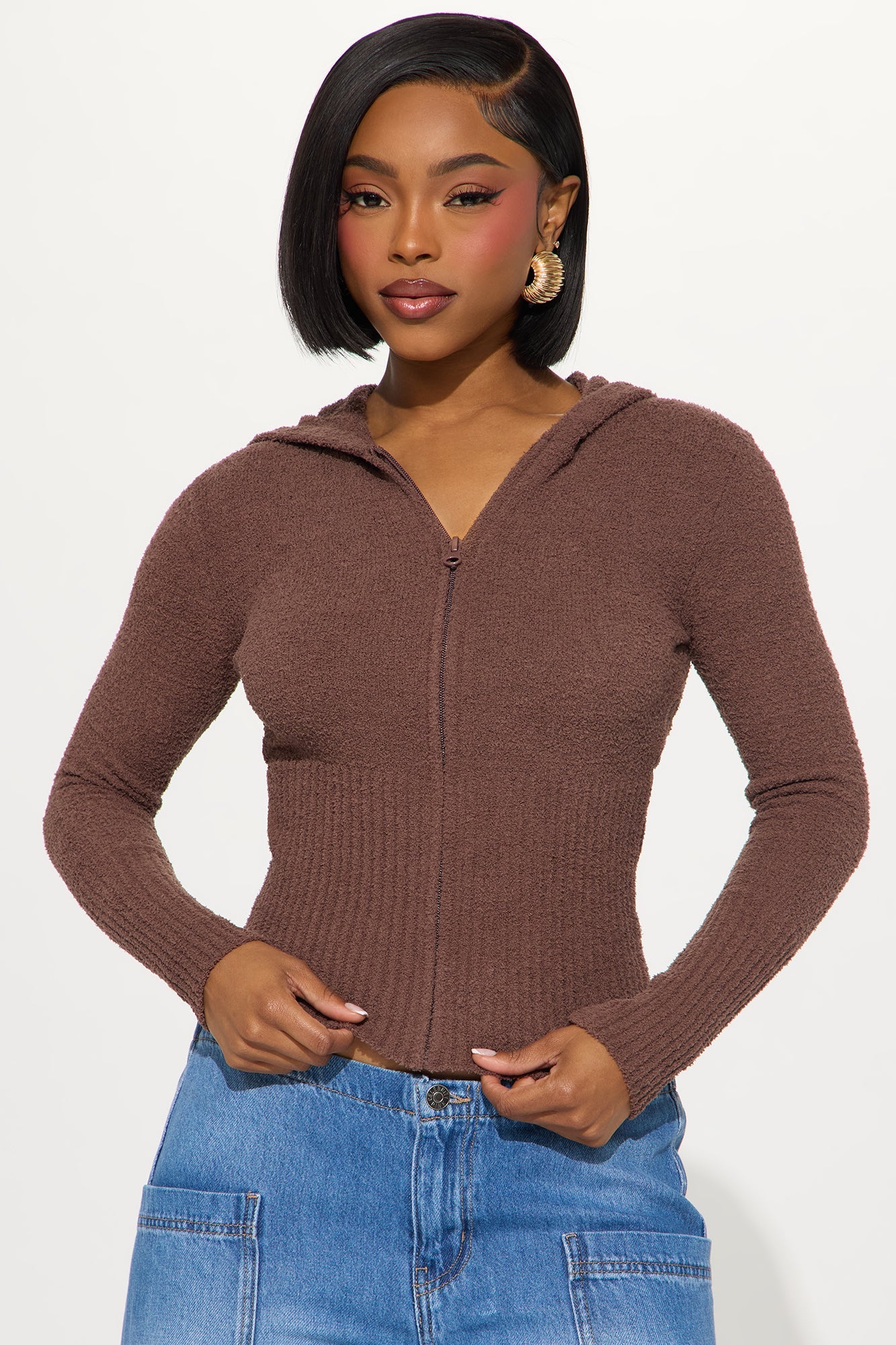 Pillow Talk Zip Front Ribbed Cardigan Sweater - Brown