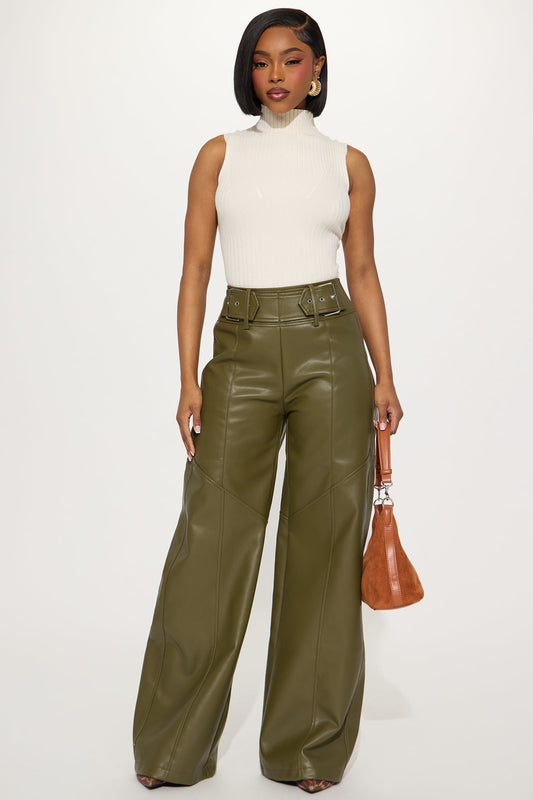 Set In My Ways High Rise Faux Leather Wide Leg Pant 33 - Olive
