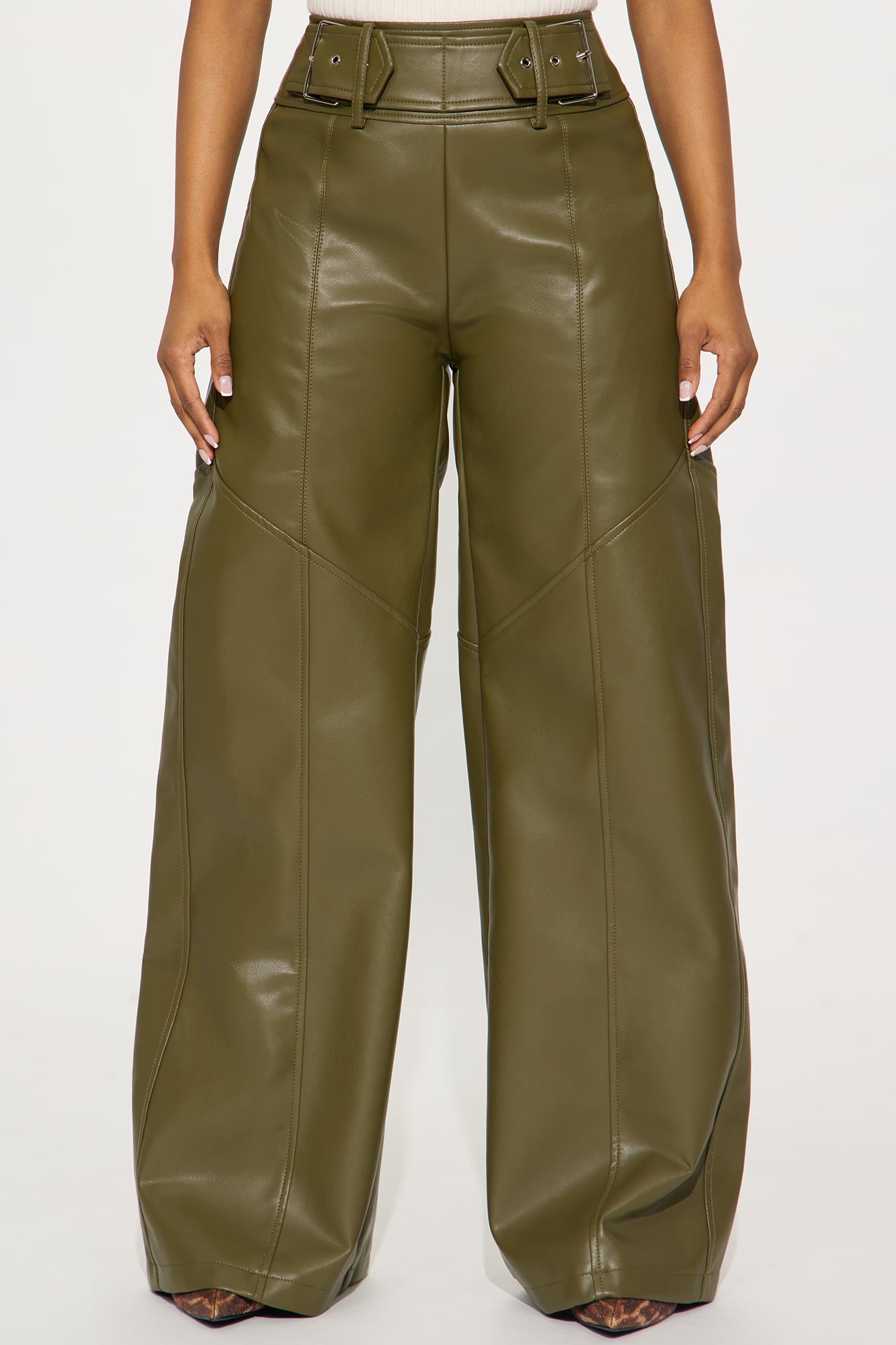 Set In My Ways High Rise Faux Leather Wide Leg Pant 33 - Olive
