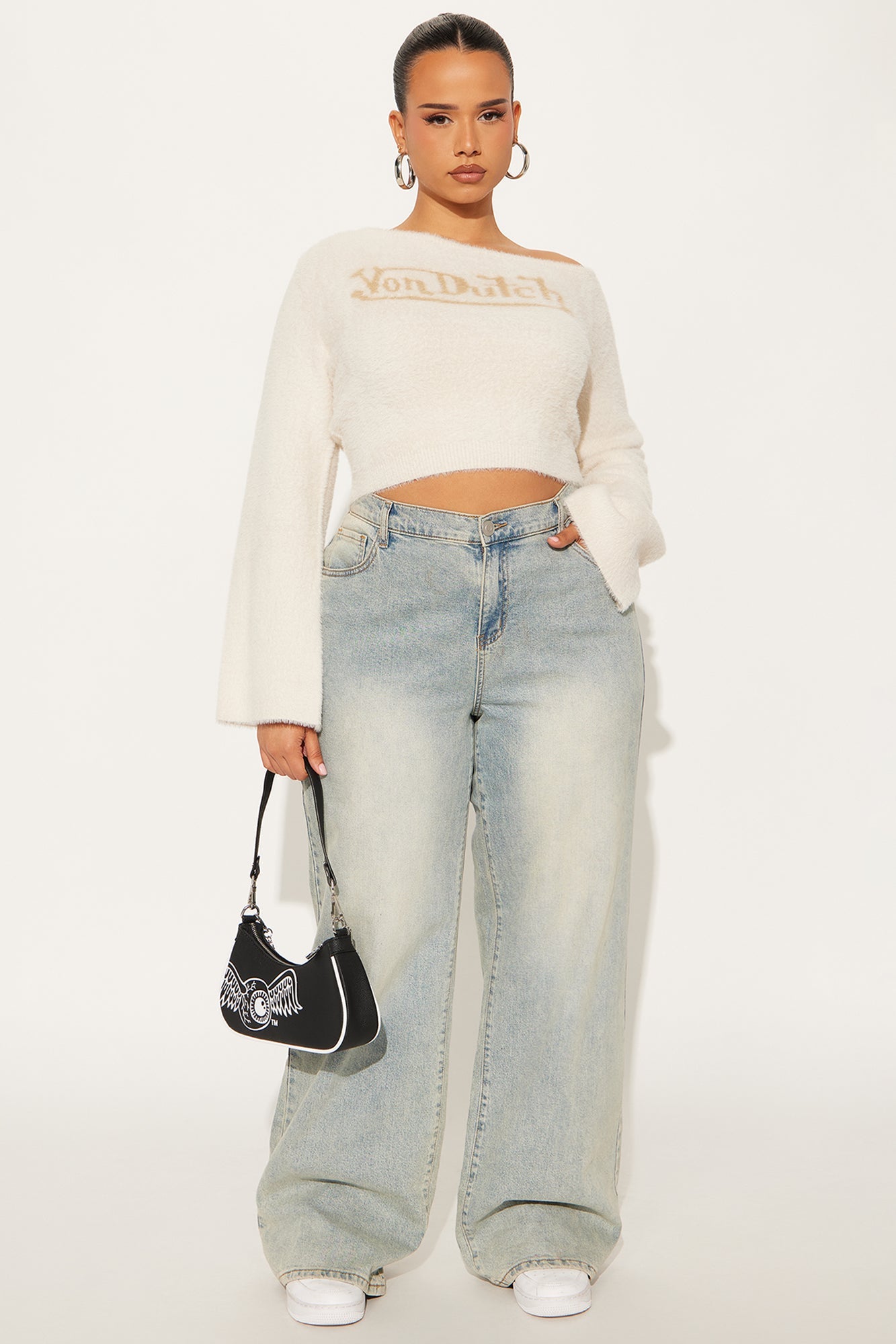 Von Dutch Fuzzy Off Shoulder Top - Taupe