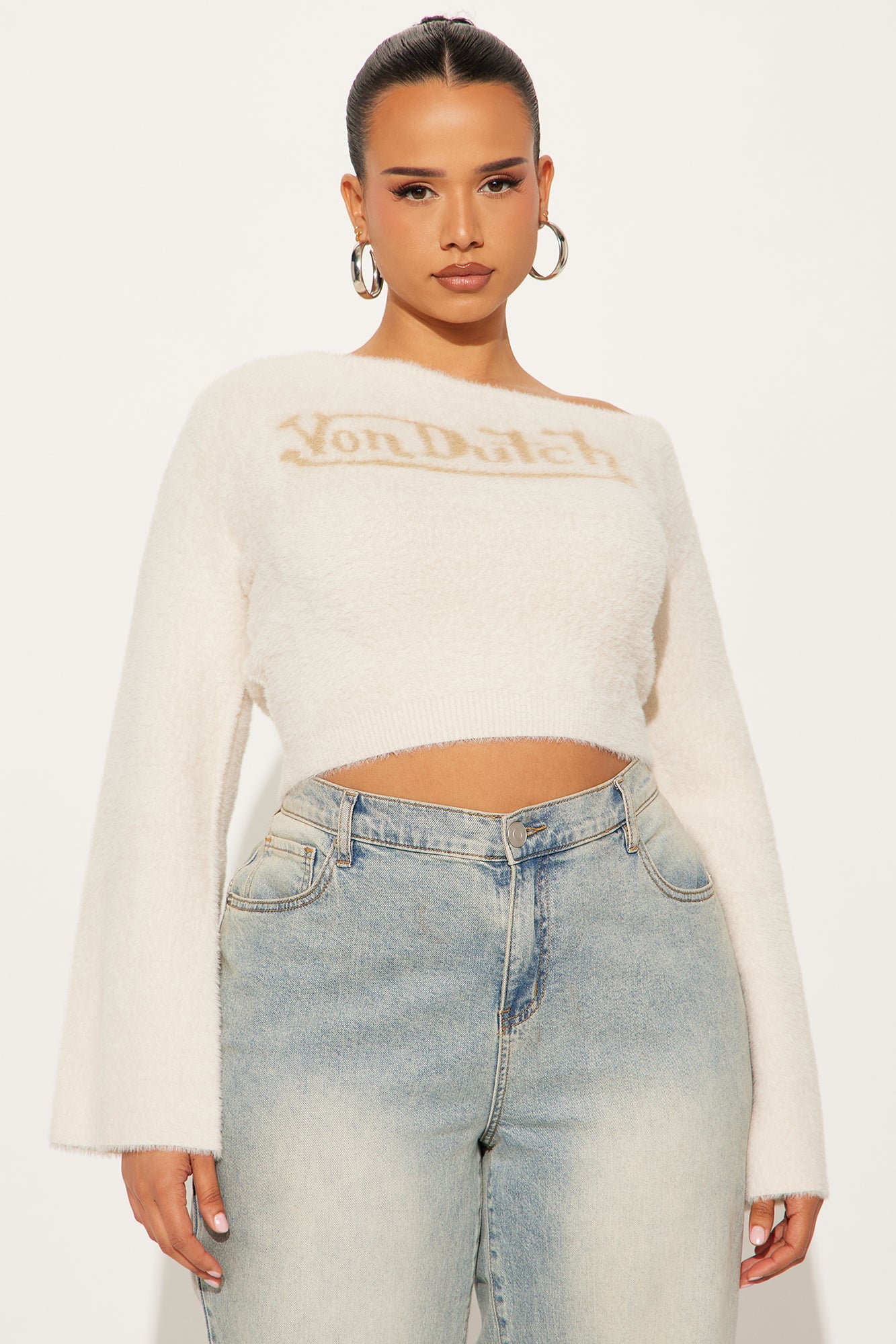 Von Dutch Fuzzy Off Shoulder Top - Taupe