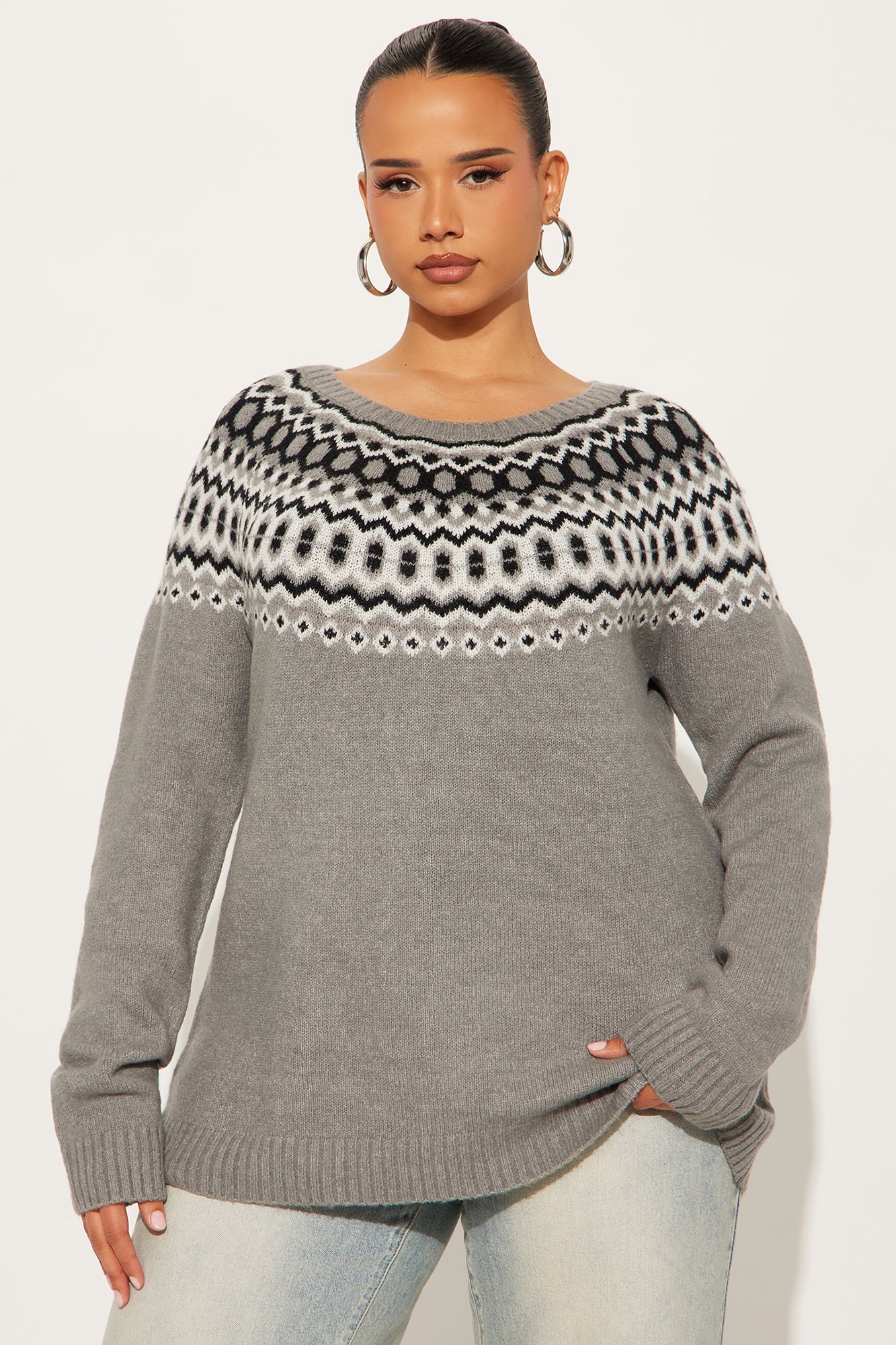 Jilli Fair Isle Pullover Sweater - Heather Grey